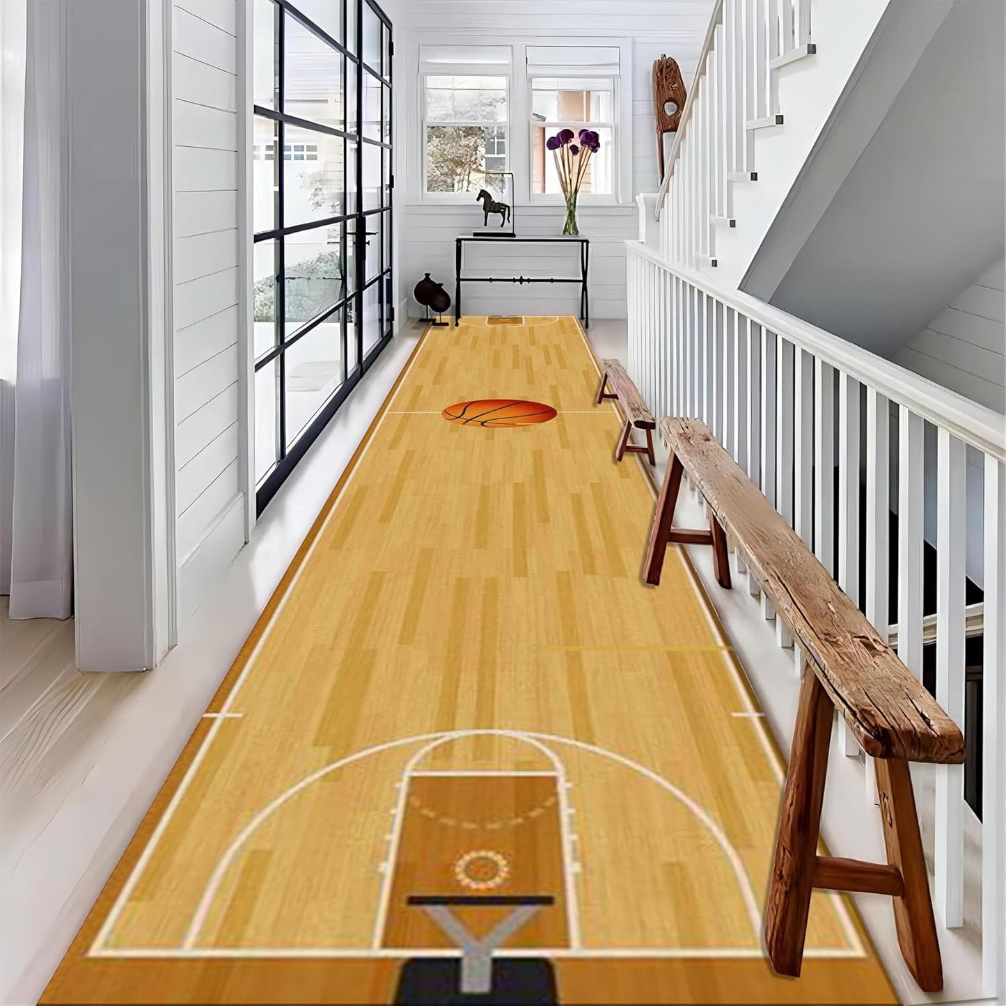 Sports Field Long Hallway Rug Runners, 4x12ft, Basketball Game Runner Rug, Machine Washable Durable High Traffic Rug, with Non Slip Backing Absorbent Carpet for Entryway Living Room
