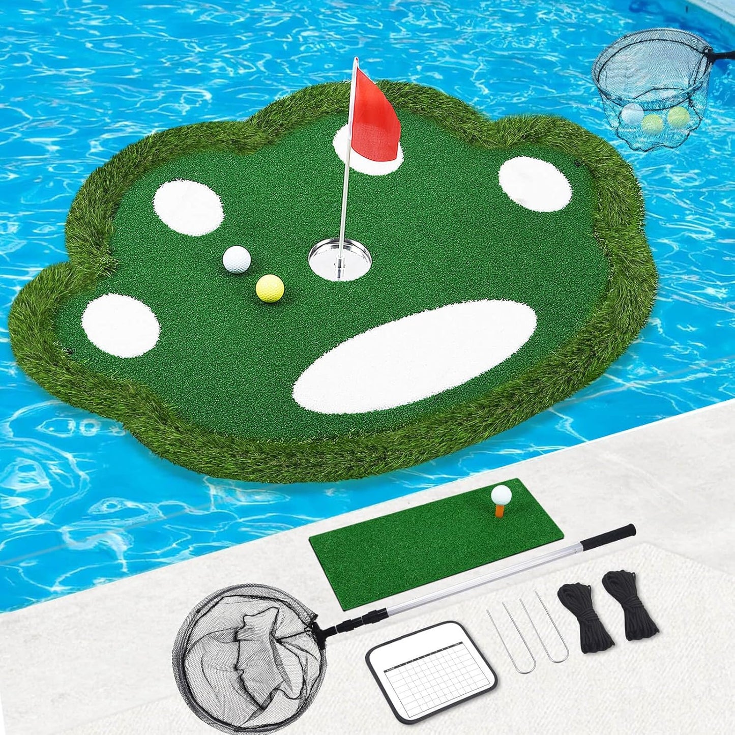 Floating Golf Green for Pool, Patented Pool Golf Game Floating Mat with Ball Retrieve Net/Scoreboard for Party & Training