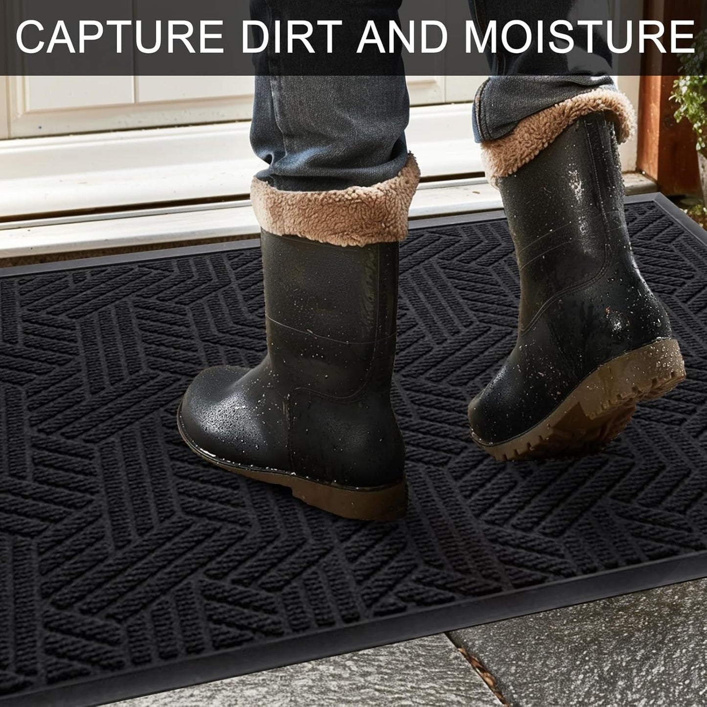 Front Door Mat 36"x24" Indoors Outdoors Welcome Mats, Waterproof Non-Slip Rubber Backing Heavy Duty Doormat Outside Entrance, Low Profile Entryway Rugs Floor Mat for Patio, Pattern B Black