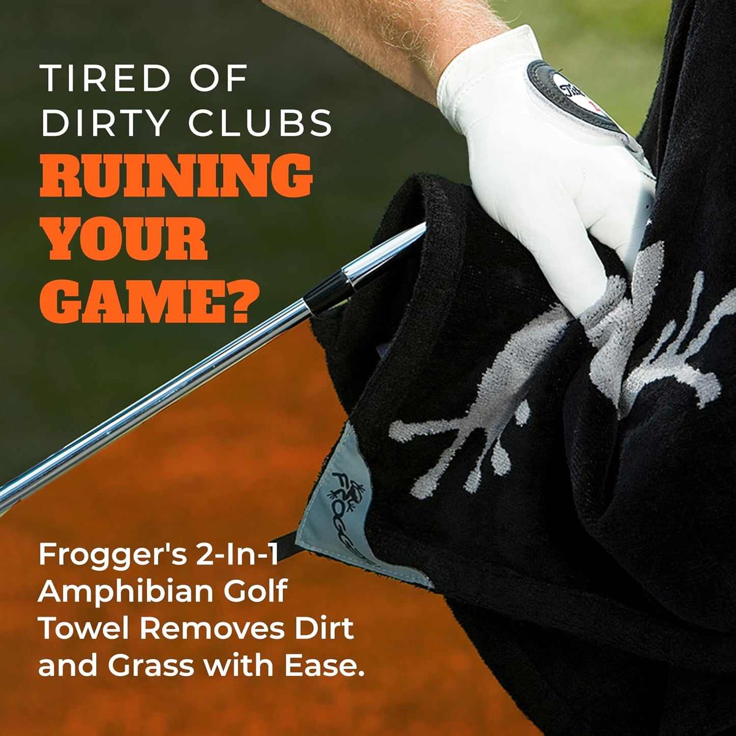 Frogger Amphibian 2-in-1 Golf Towel with Wet and Dry Technology, Green, Premium Golf Bag Accessory with Carabiner Clip, Ultra Absorbent, for Golf Dads