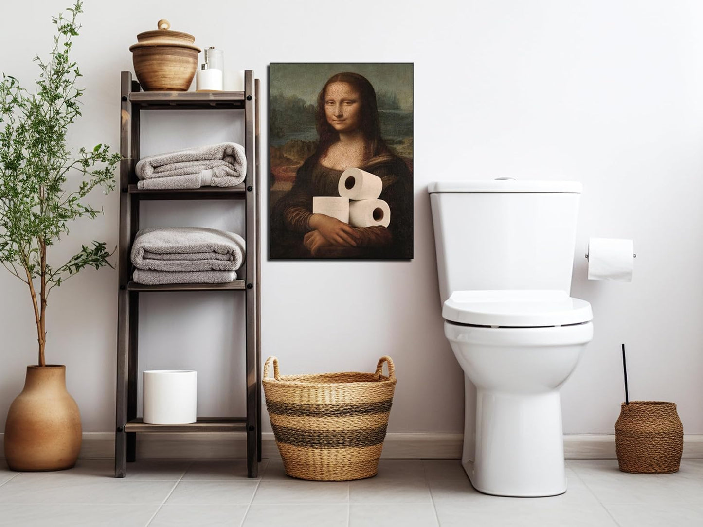Funny Bathroom Wall Art Classical Oil Painting Mona Lisa and Toilet Paper Poster Amusing Prank Canvas Prints Vintage Humor Wall Decor for Restroom 20x30in Framed