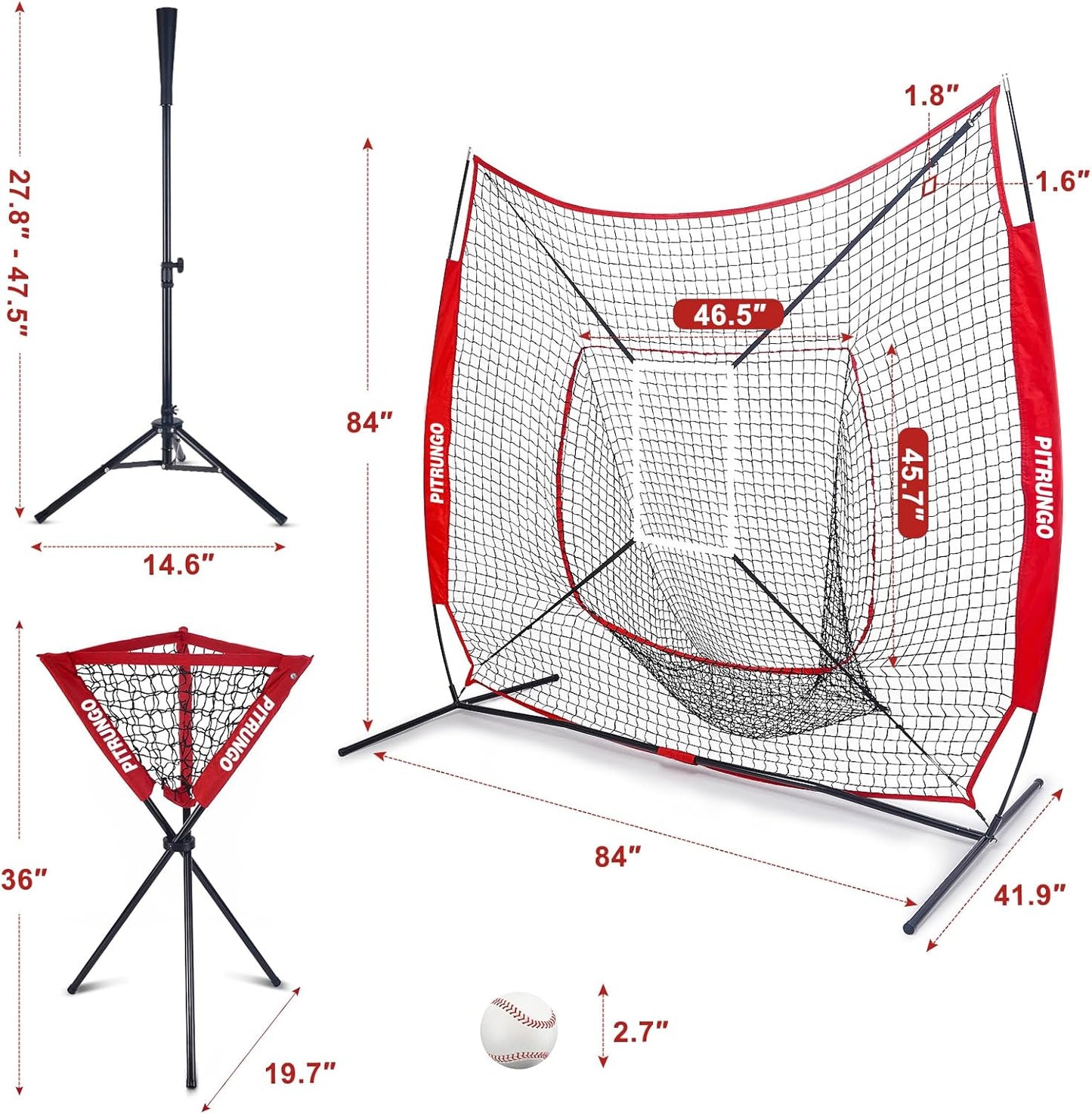 Baseball Softball Tee Batting Tee for Hitting T tee Ball Set Stand Baseball Softball Hitting Pitching Screen Net for Kids Teens Batting Net Set Training Equipment W/Carry Bag for Outdoor
