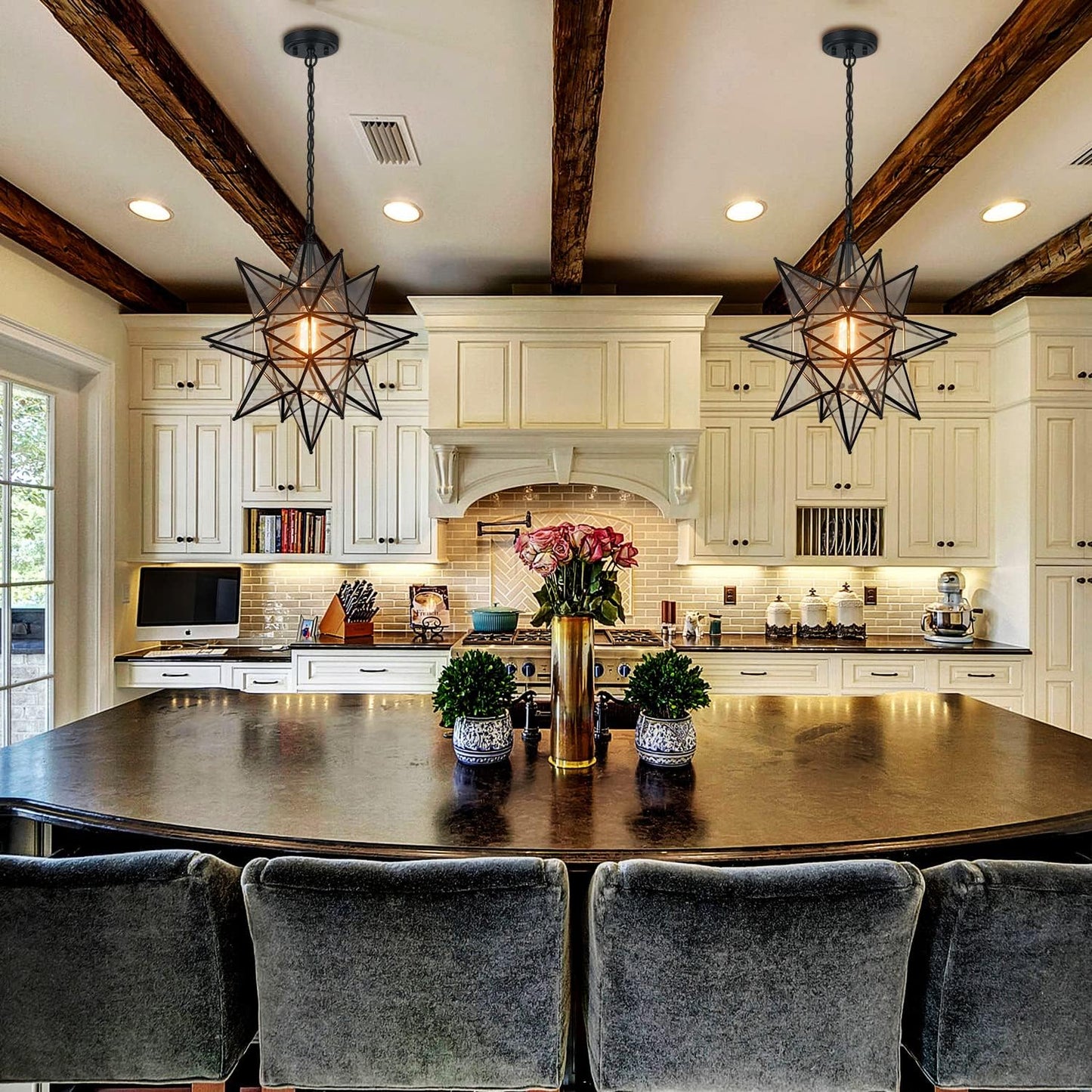 DIRYZON Boho Moravian Star Pendant Light 20 Inch Large Black Hanging Ceiling Light，Modern Clear Glass Pendant Lighting for Kitchen Island Porch Bedroom