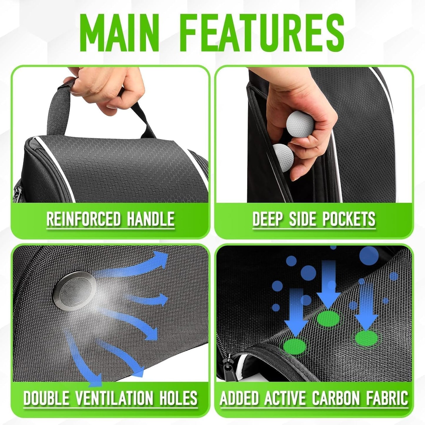 Smell Proof Shoe Cleat Bag for Travel Men - Golf Soccer Zippered Sport Shoe Carrier Bags with Ventilation & Side Pockets for Socks, Tees, Golf Balls; Golf Accessories Fathers Dad Day Gifts for Men