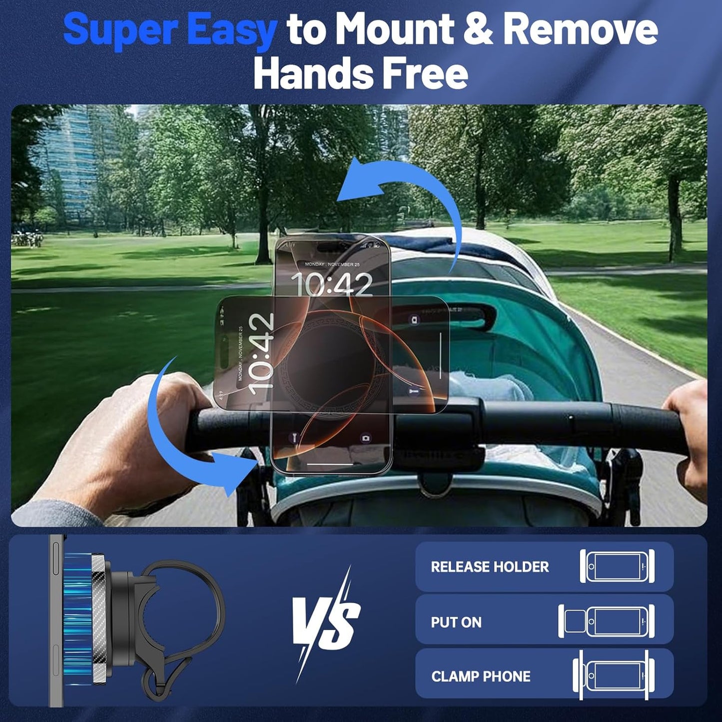 Magnetic Golf Push Cart Phone Holder with Secure Strap,Stroller Phone Holder for MagSafe iPhone 17 16 15 14 13 12 Pro Max Plus-Strong Magnet Handlebar Mount for Treadmill,Shopping Cart,Peloton Bike