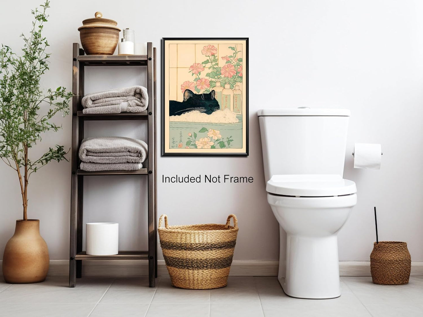 Vintage Black Cat in The Bathtub Posters Funny Bathroom Wall Art Cute Animal Lover Canvas Prints Japanese Aesthetic Neutral Minimalist Wall Decor for Restroom Toilet 12x16in Unframed
