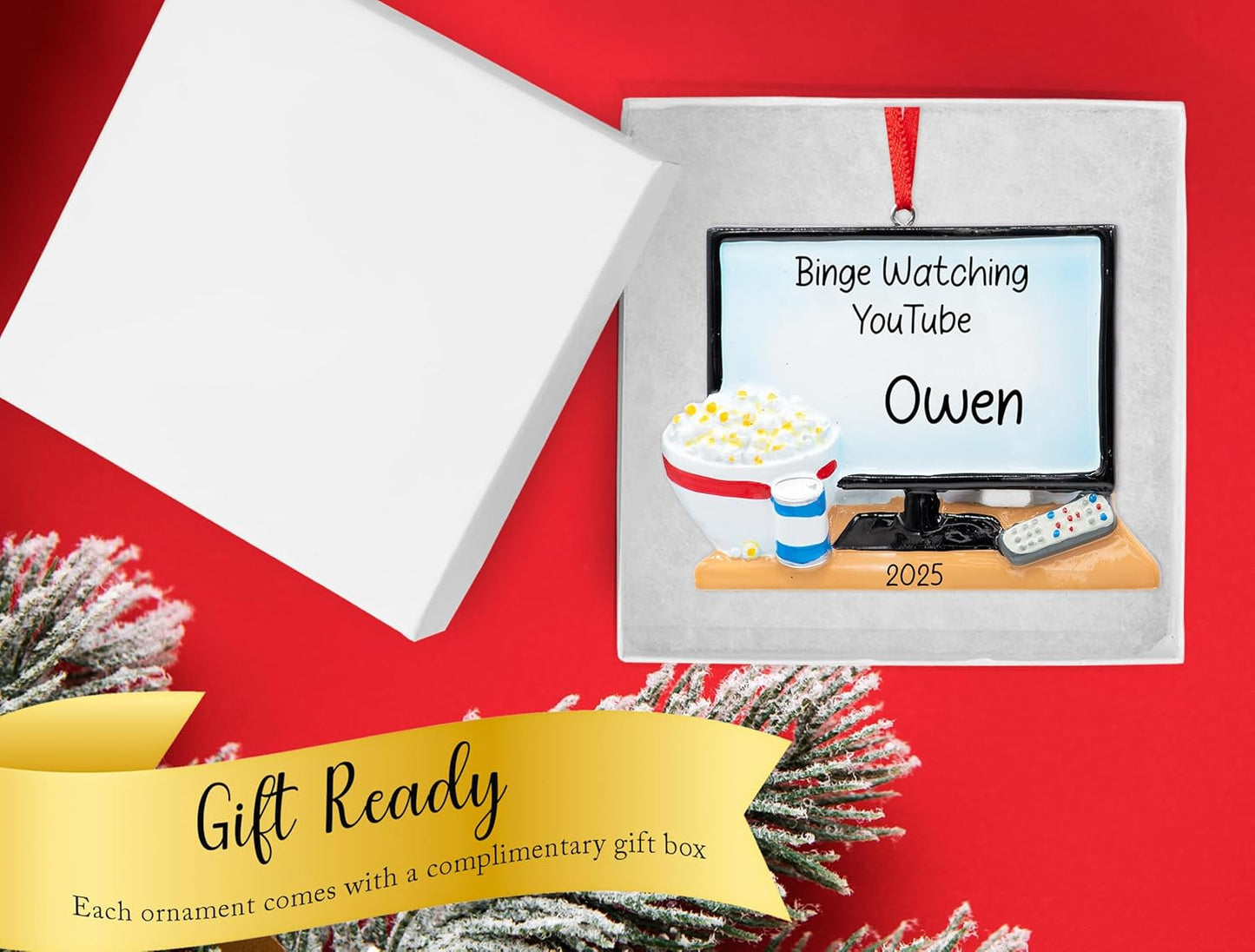 Personalized Television Christmas Ornament 2025 | Big TV Screen with Popcorn & Beer for Xmas Tree - Binge Watcher TV Junkie Movie Night Lover Gift | Unique Keepsake - Custom Name & Year