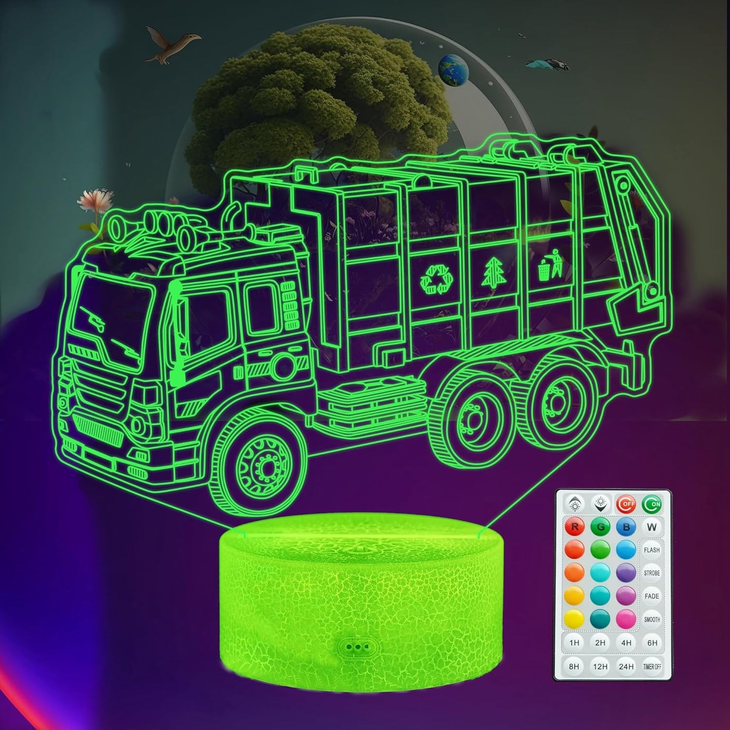 Garbage Truck Night Light, Garbage Truck Car Gifts, Sanitation Truck 3D Illusion Lamp with 16 Colors Changing, Timer, 4 Flash Modes and Dimmable, Kids Boys Girls Room Decoration, Holiday Xmas Gifts