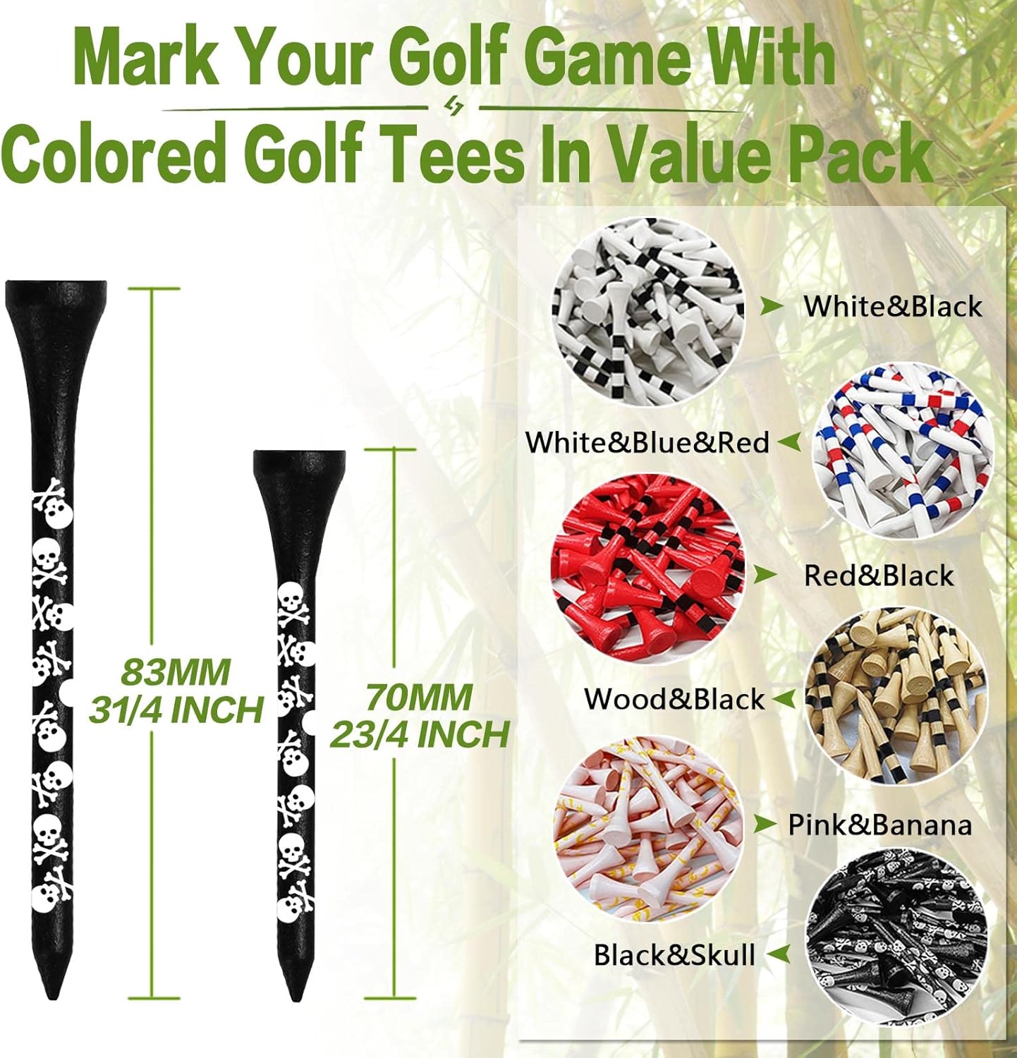 FINGER TEN Golf Tees Wood 3 1/4 2 3/4 Inch Wooden Bamboo 50/120 Count, Durable Biodegradable Colored Bulk Tee 70mm 83mm