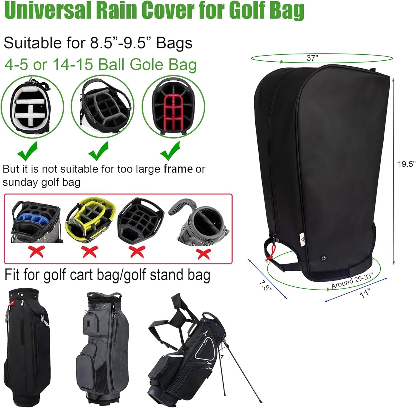 Eudora Golf Bag Rain Cover Heavy Duty Waterproof/UV Resistance Universal Fit for 8.5-9.5 inch Golf Club Head Covers (Adjustable Hood cover)