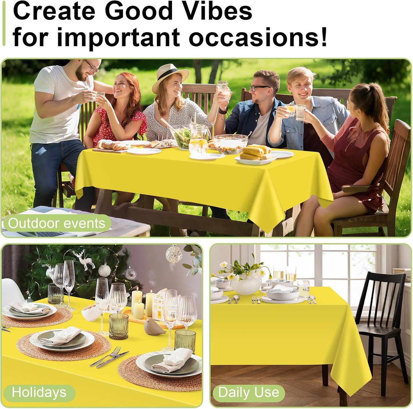 QIKSION Plastic Table Cloth Disposable 12 Pack, 54 x 108 Inch Tablecloths for Rectangle Tables, Yellow Plastic Table Cover