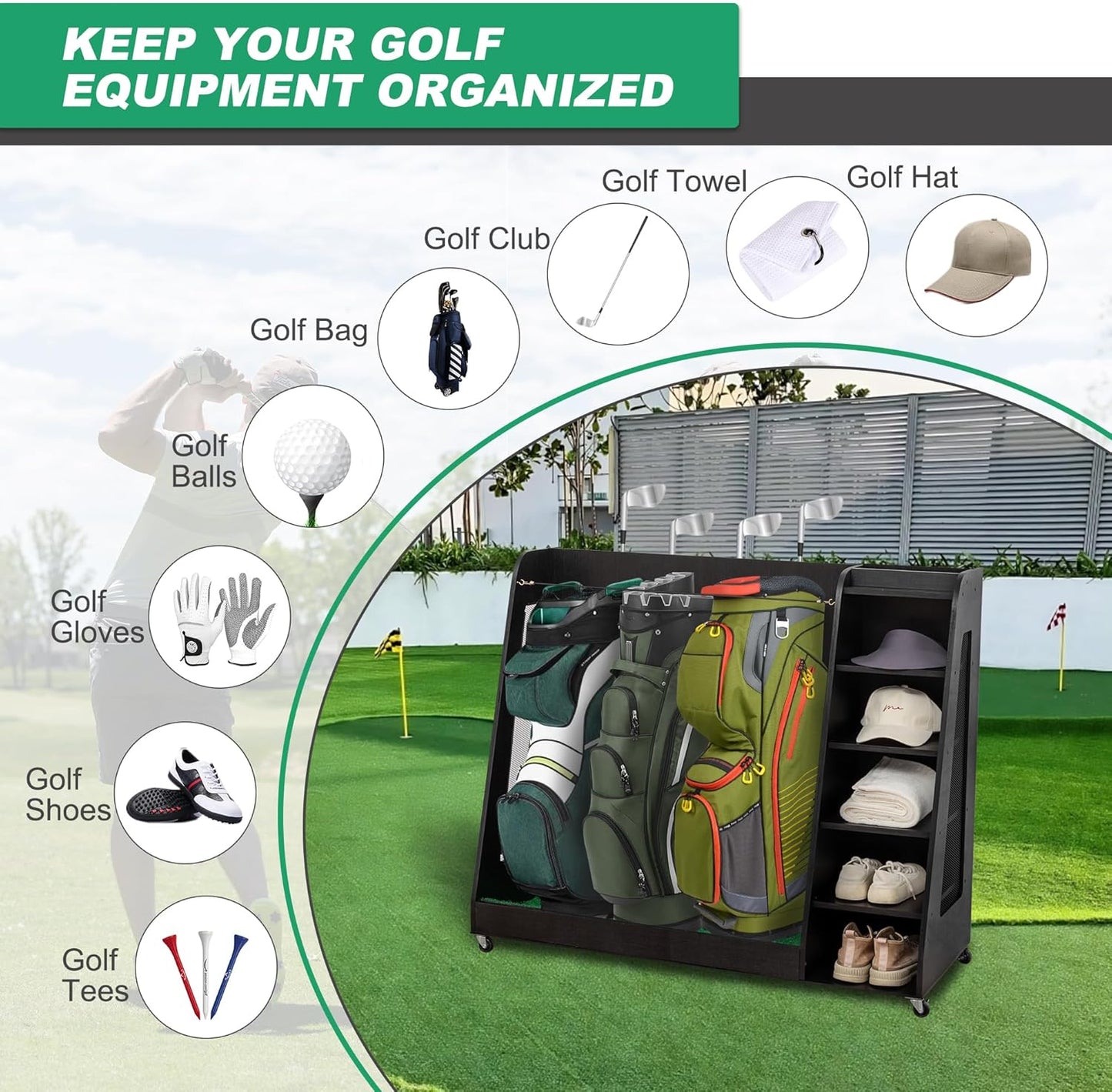 Wooden Golf Bag Organizer Garage Large Golf Bag Storage Rack Stand with Wheels Fits 3 Golf Bags, Golf Clubs and Other Golfing Equipment Accessories Golf Bag Holder for Garage, Club, Shed Basement