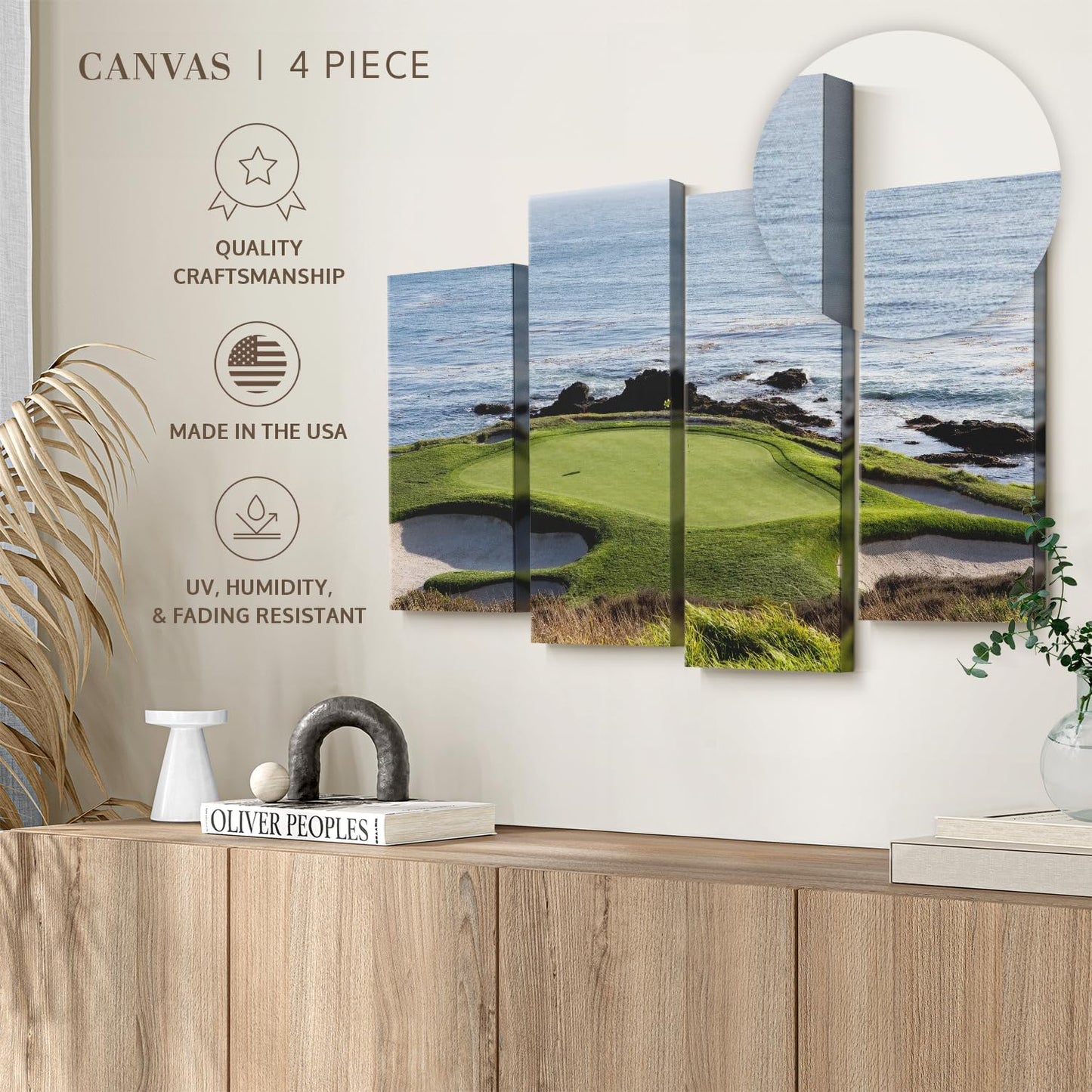 Elephant Stock Pebble Beach Golf Turf Wall Art - Horizontal Canvas - 4-Piece Hallway Wall Decor - Photographic Canvas Print - Brown and Blue Decor for Wall - 43" X 27"