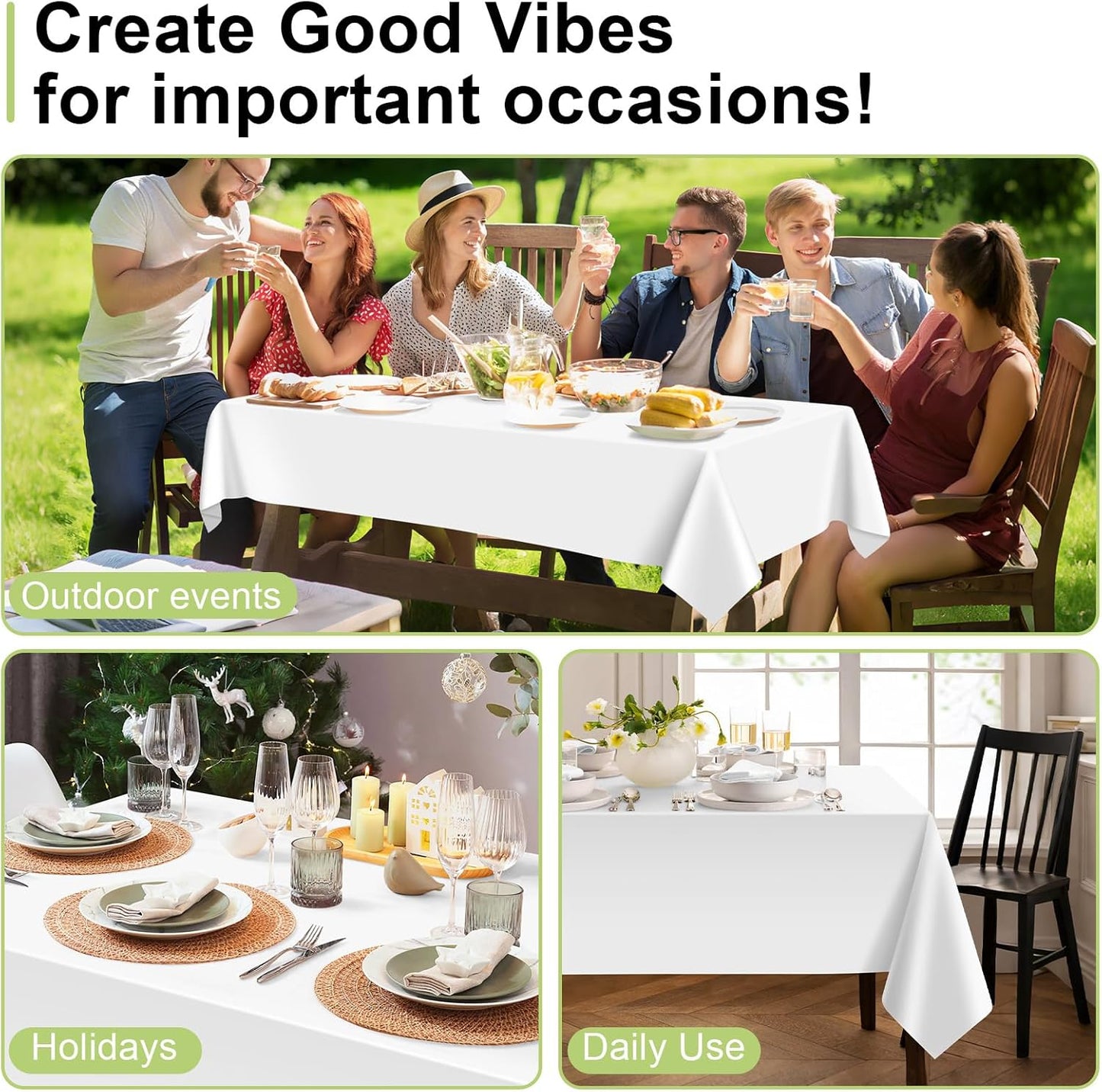 QIKSION Plastic Table Cloth Disposable 3 Pack, 54 x 108 Inch Tablecloths for Rectangle Tables, White Plastic Table Cover