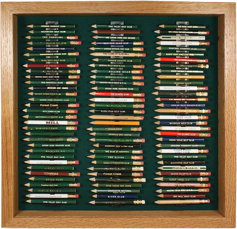 Eureka Golf Pencil Display Case with Acrylic Cover | Holds 96 Round or Hexagonal Pencils | Oak Finish | USA Made