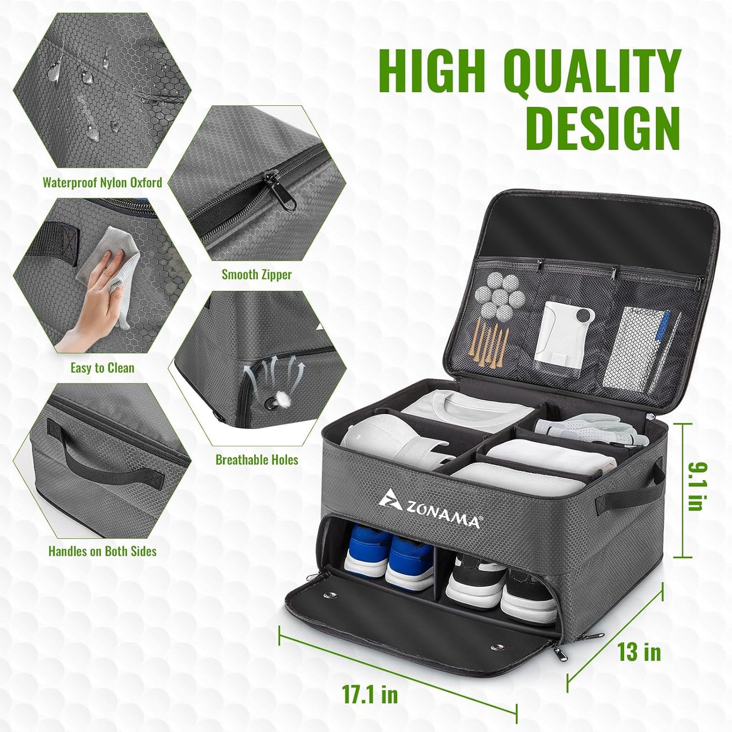Golf Trunk Organizer, 3 Layers Large Space Car Trunk Locker, with Separate Compartment, Waterproof Golf Accessories Bag for 2 Pairs of Golf Shoes, Balls, Clothes, Golf Gift for Men Women