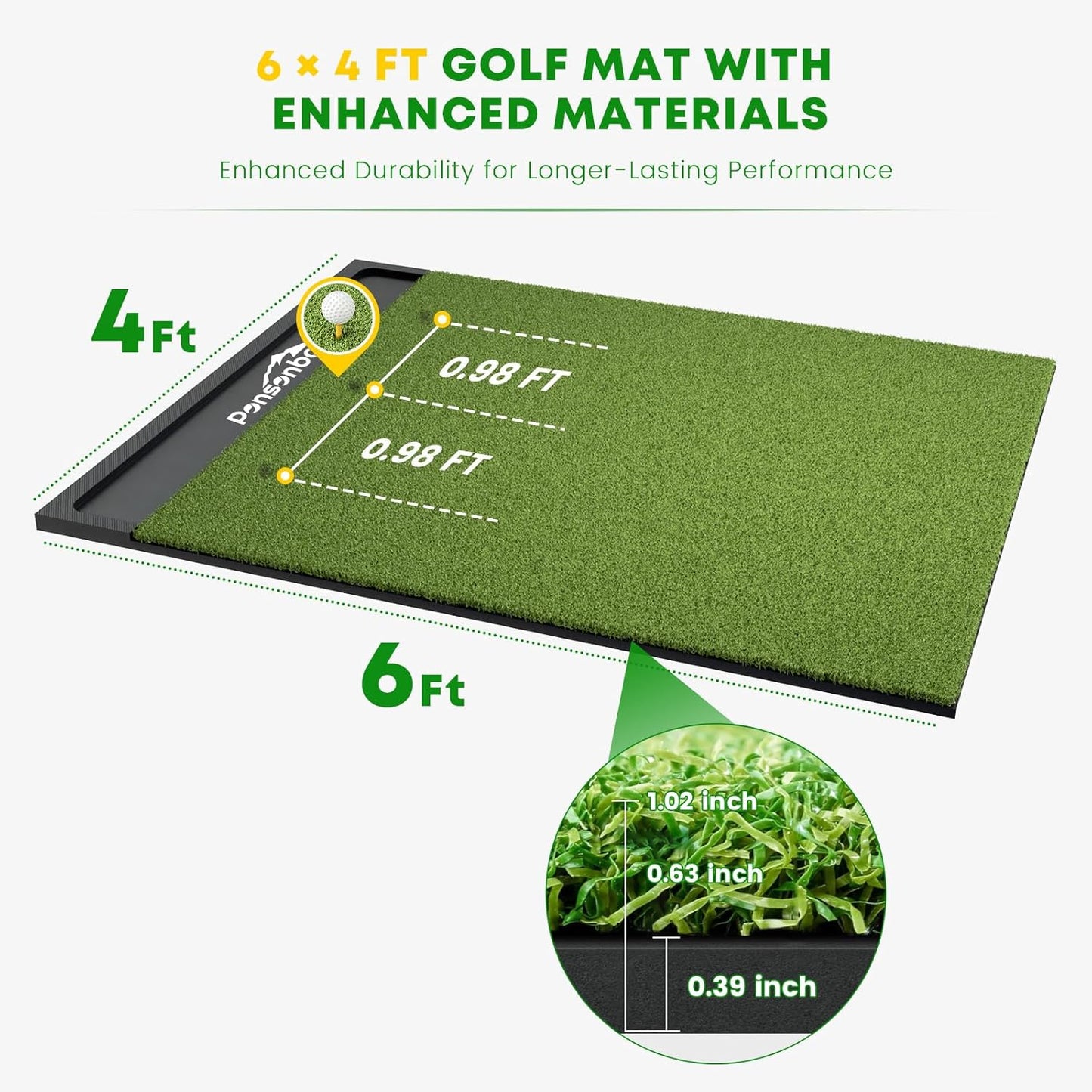 Integrated 6x4ft 26mm-31mm Golf Mat with Ball Tray, Thickening Golf Mats Practice Outdoor & Indoor, Artificial Turf Matt with 3 Tees for Hitting, Driving Chipping, Swinging