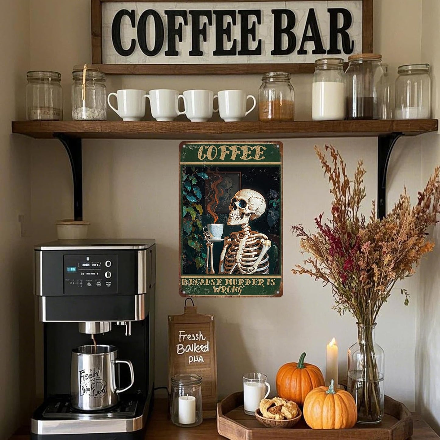 Vintage Coffee Skull Tin Sign Skeleton Old Fashioned Because Murder Is Wrong Metal Tin Sign Poster 12x8 Inch Home Restaurant Coffee Shop Wall Decor