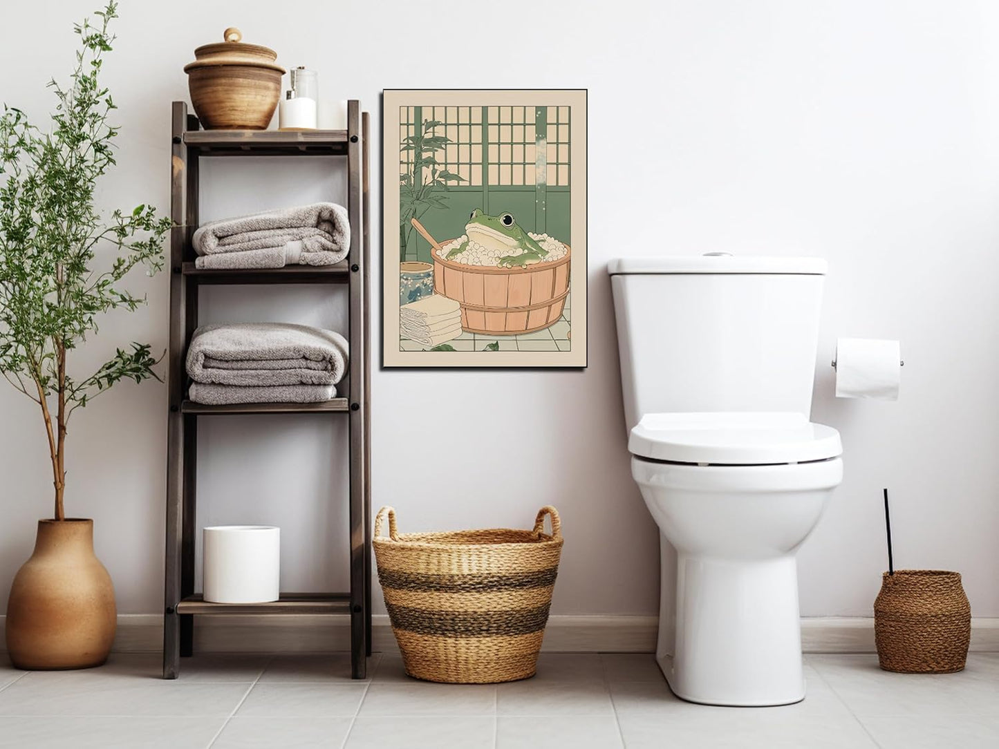 Funny Bathroom Wall Art Japanese Aesthetic Frog in a Bathtub Posters Cute Animal Canvas Prints Vintage Neutral Minimalist Wall Decor for Apartment Dorm 12x16in Framed