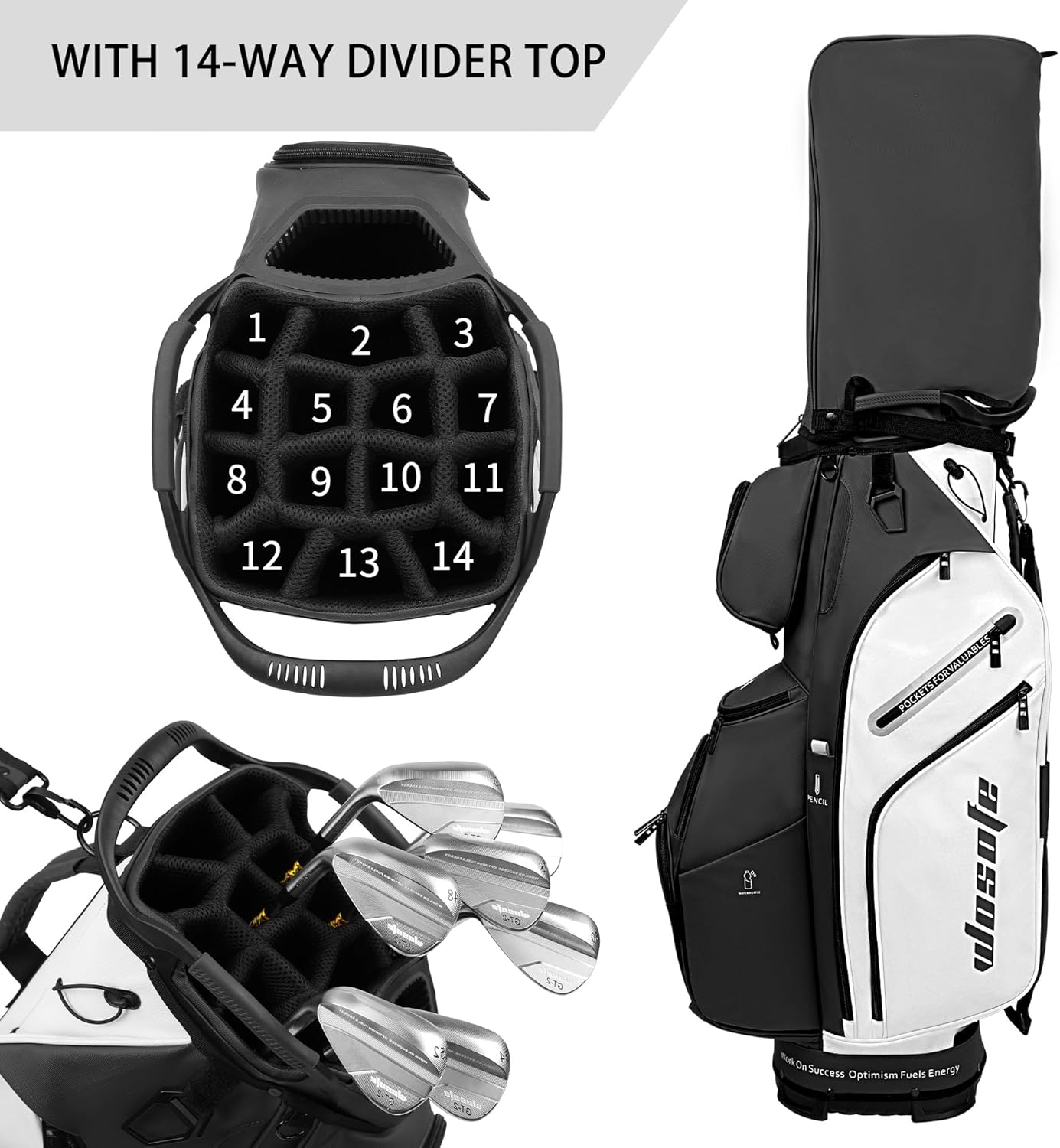 PU Leather Lightweight Men Women Blue White Black Green Golf Bag,Multiple 10 Pockets 14-Way Dividers Cooler Pouch Golf Cart Bag