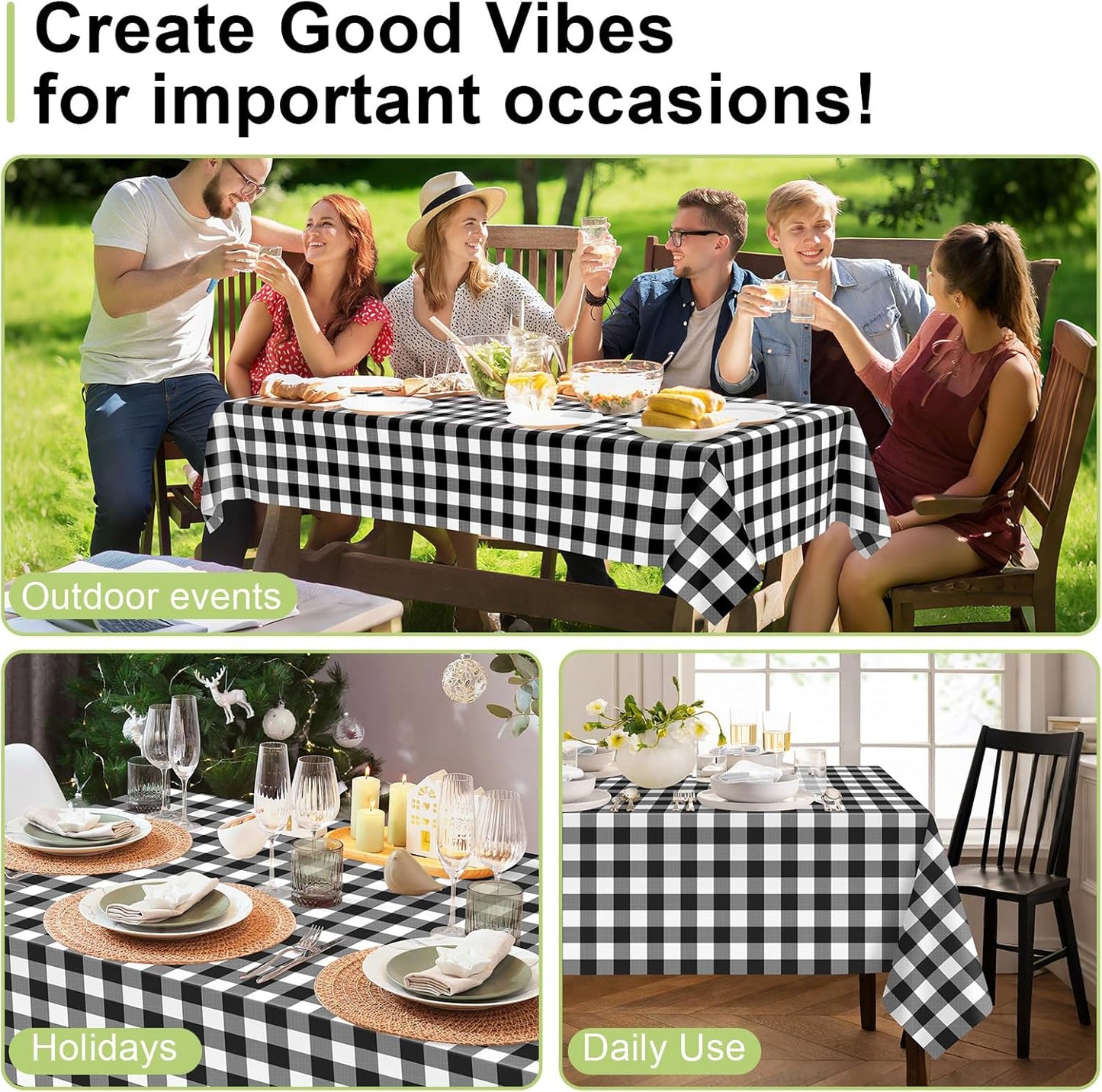 QIKSION Black Gingham Tablecloth Disposable 3 Pack, 54 x 108 Inch Black and White Checkered Table Cloth for Rectangle Tables, Plastic Table Cover