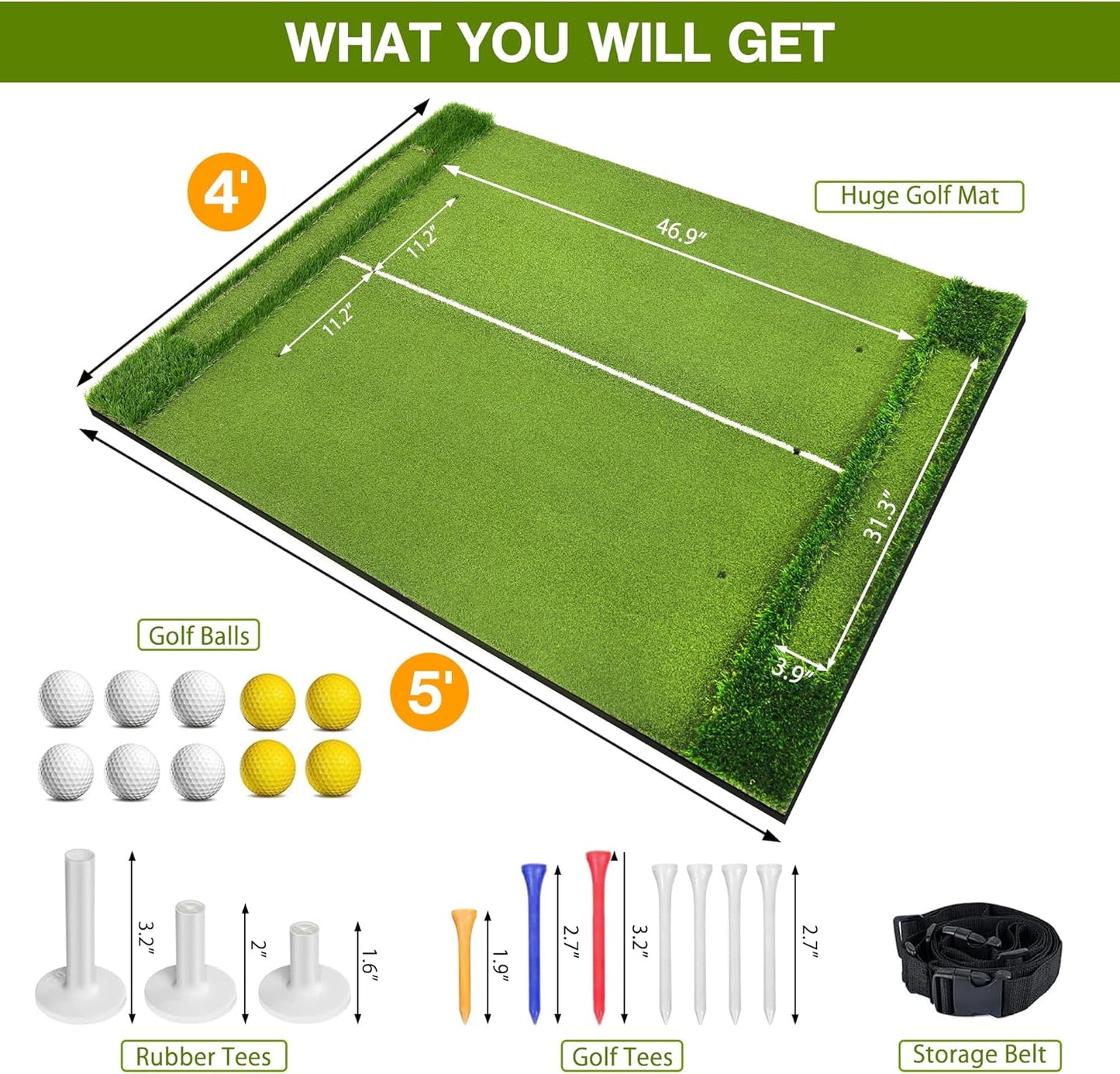 VIVITORY Golf Mat, 5x4ft Thickening Golf Hitting Mat, Outdoor & Indoor Golf Practice with 10 Golf Balls, 7 Golf Tees, Artificial Golf Turf Mat Practice Swing Mats for Backyard Garage Basement