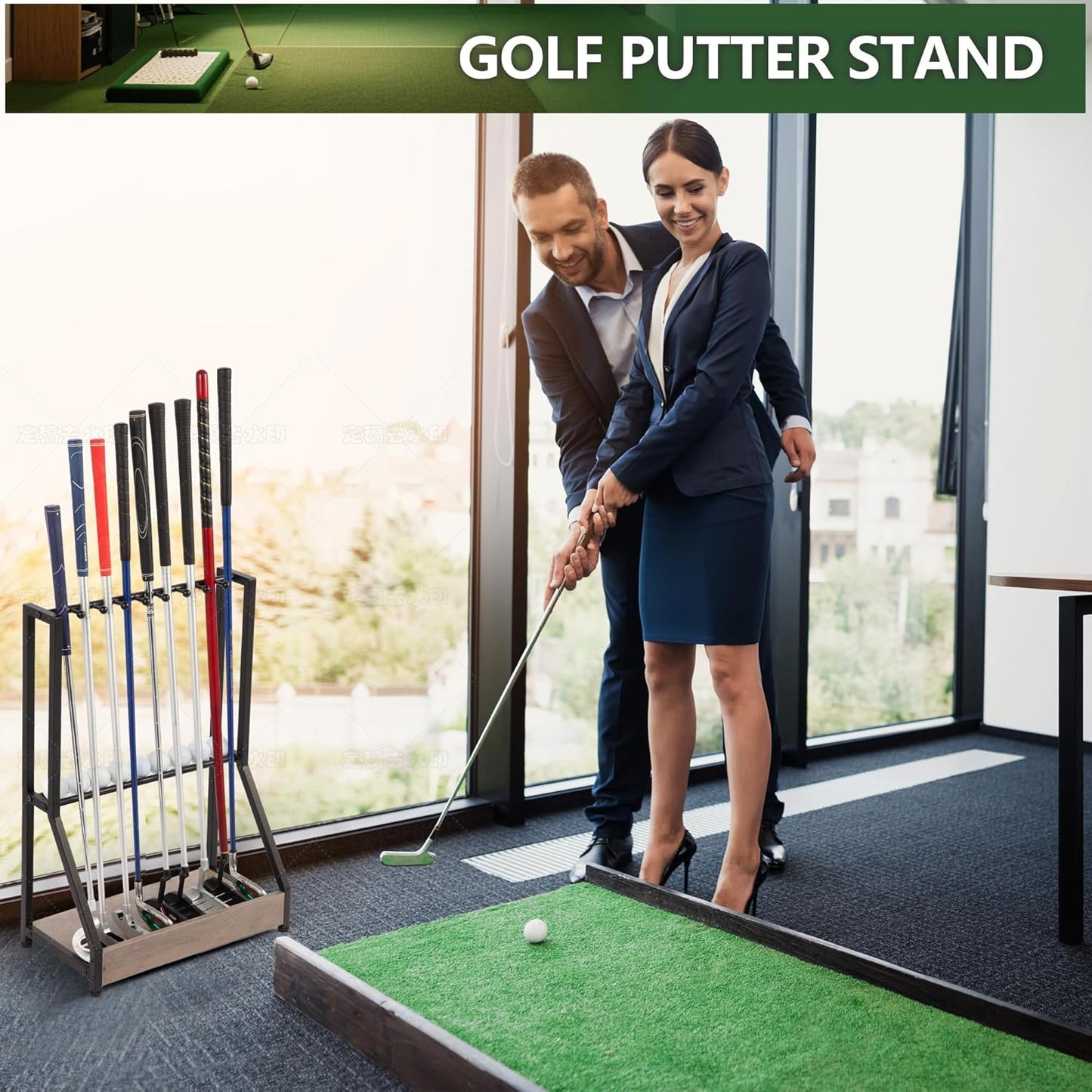 Golf Putter Stand for 9 Clubs & 9 Balls, Solid Wood & Iron Golf Club Rack