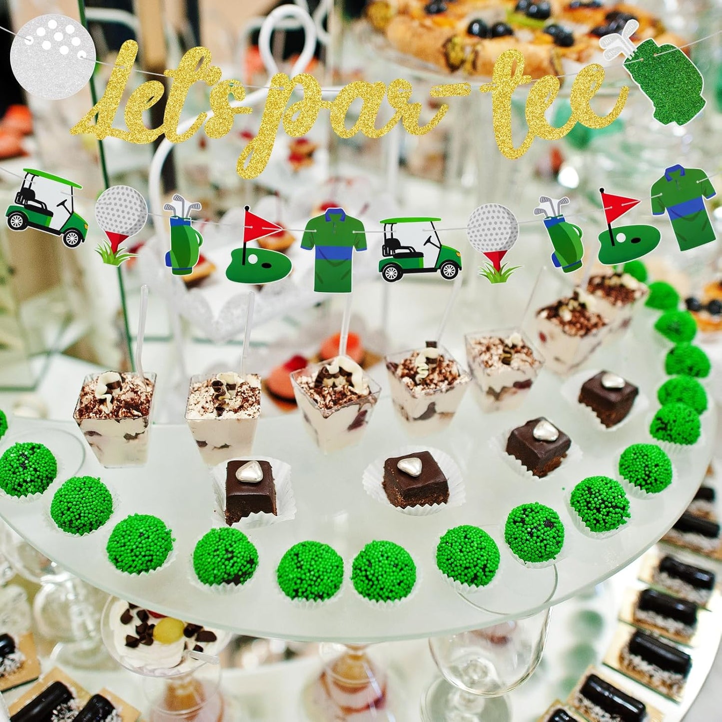 Colarr 5 Pcs Golf Themed Birthday Banner Let's Par-tee Garland Retirement Party Banner Glitter Golf Ball Club Cutouts Decorations Supplies Green Hanging Decor for Photo Props Birthday Party