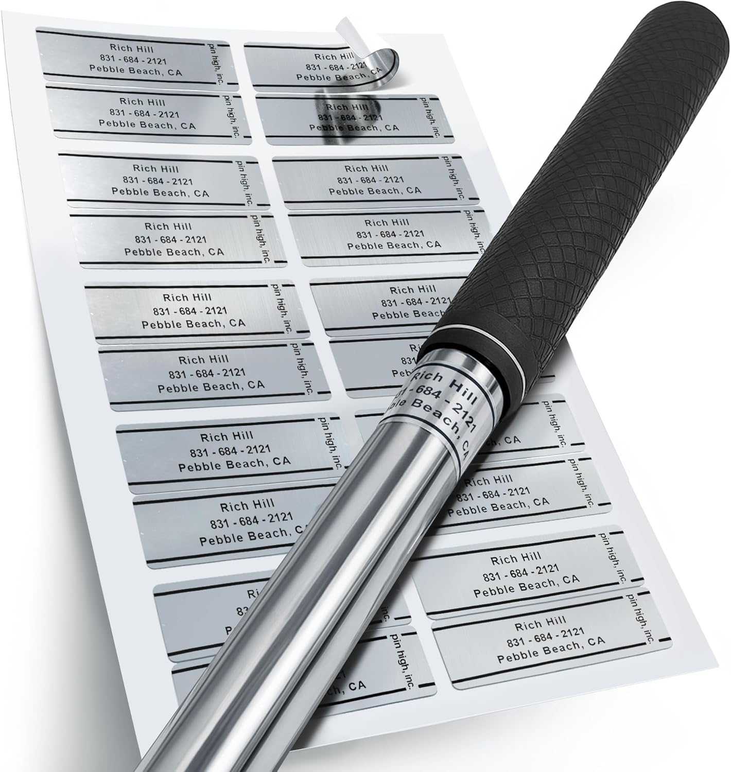 PIN HIGH 20 Personalized Golf Club Labels | Weatherproof, Fade Resistant, Laminated Thermal Transfer Customer ID Labels, Made in The USA, (Free Customization & Shipping), Chrome