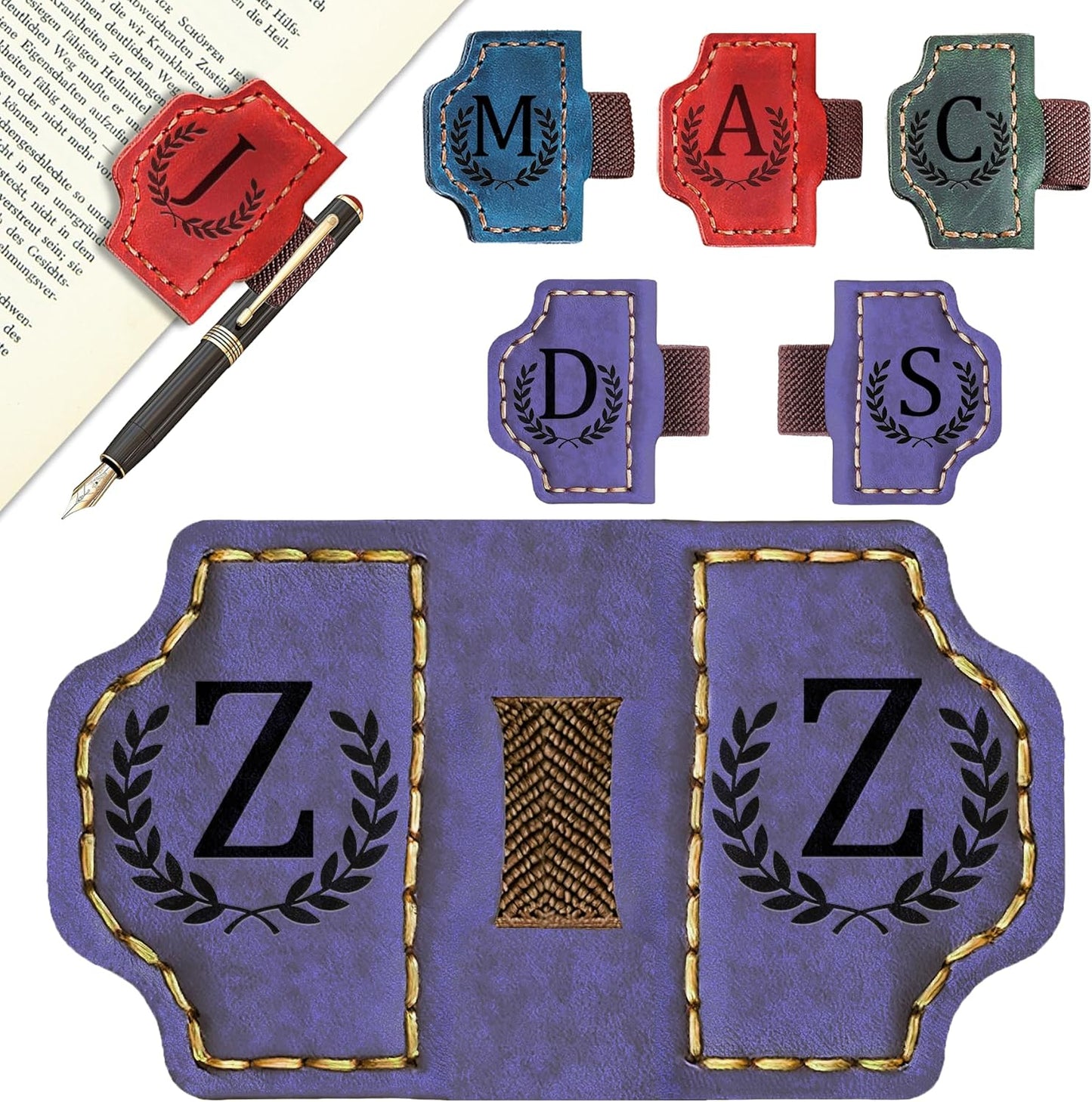 Bygone Mark Bookmark with Pen Holder, 26 Letters Name Initial Personalized Magnetic Bookmarks, Leather Book Mark for Men Women, Travelers Accessories, Teachers Readers Book Lovers Gifts (Purple, Z)