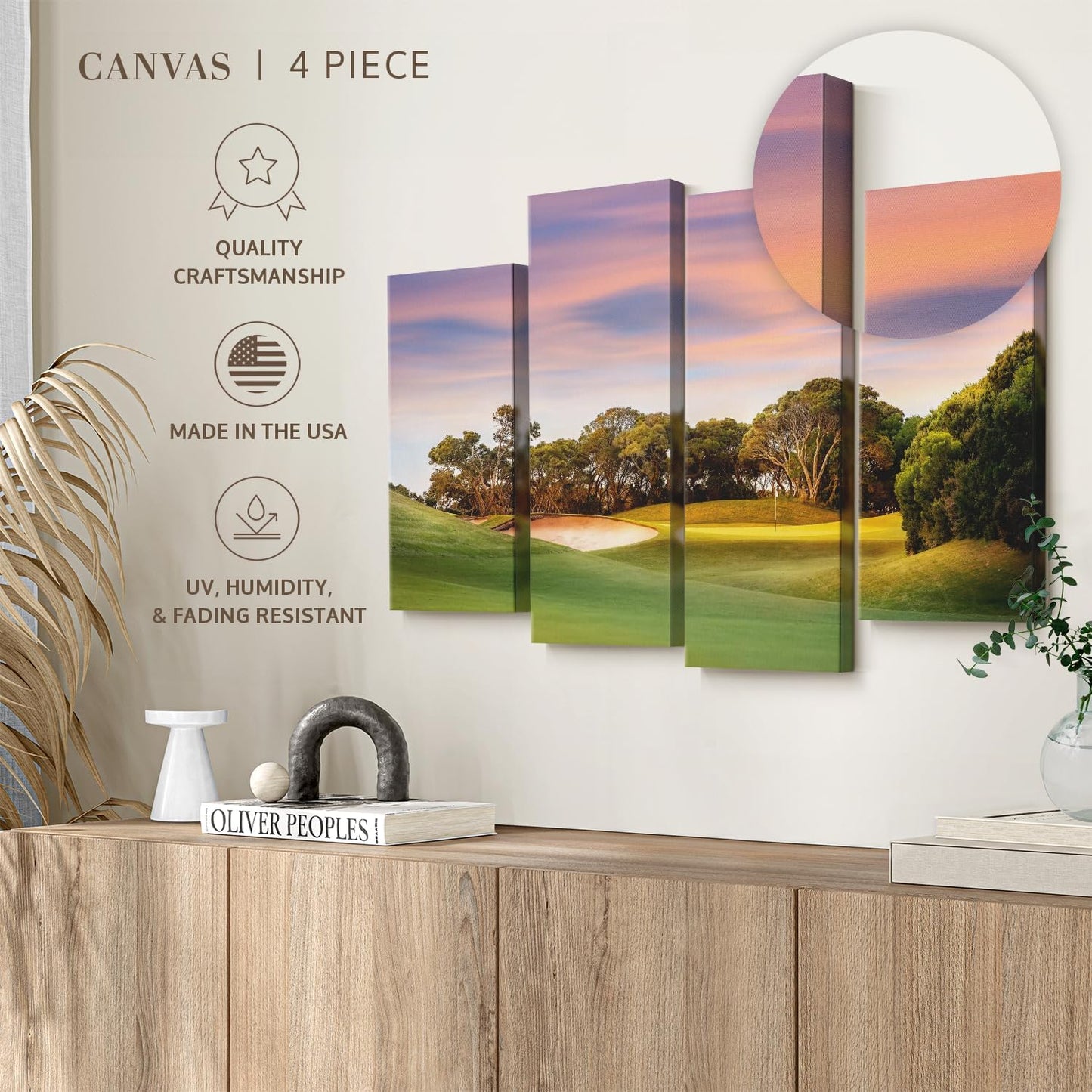 ElephantStock Golf Course Sundown Wall Art - Horizontal Canvas - 4-Piece Living Room Wall Decor - Photography Sports Canvas Print - Orange and Blue Decor for Wall - 52" X 32"