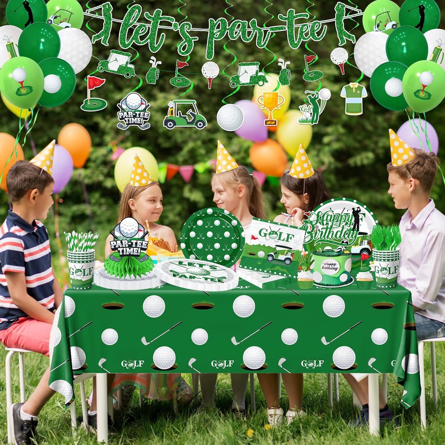 Golf Party Decorations, All-in-1 Golf Birthday Decorations with Balloons Let's Par-Tee Plates Napkins Cake Toppers Honeycombs Tablecloths and Banner for Sports Themed Birthday Baby Shower, Serve 24