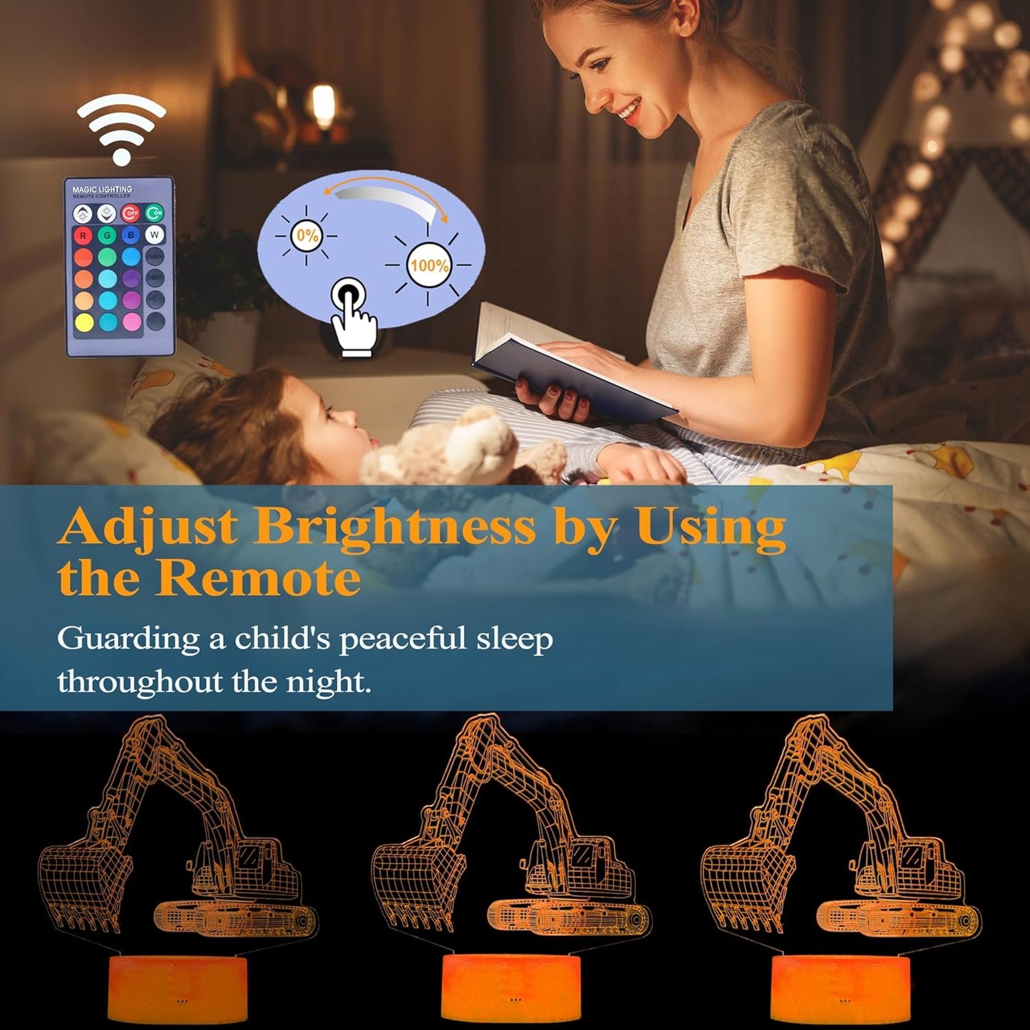 Excavator 3D Illusion Lamp for Kids, Excavator Night Light, Construction Vehicle Gifts with RGB 16 Colors Changing, Remote Control, Dimmable, Kids Room Decoration, Xmas Gifts