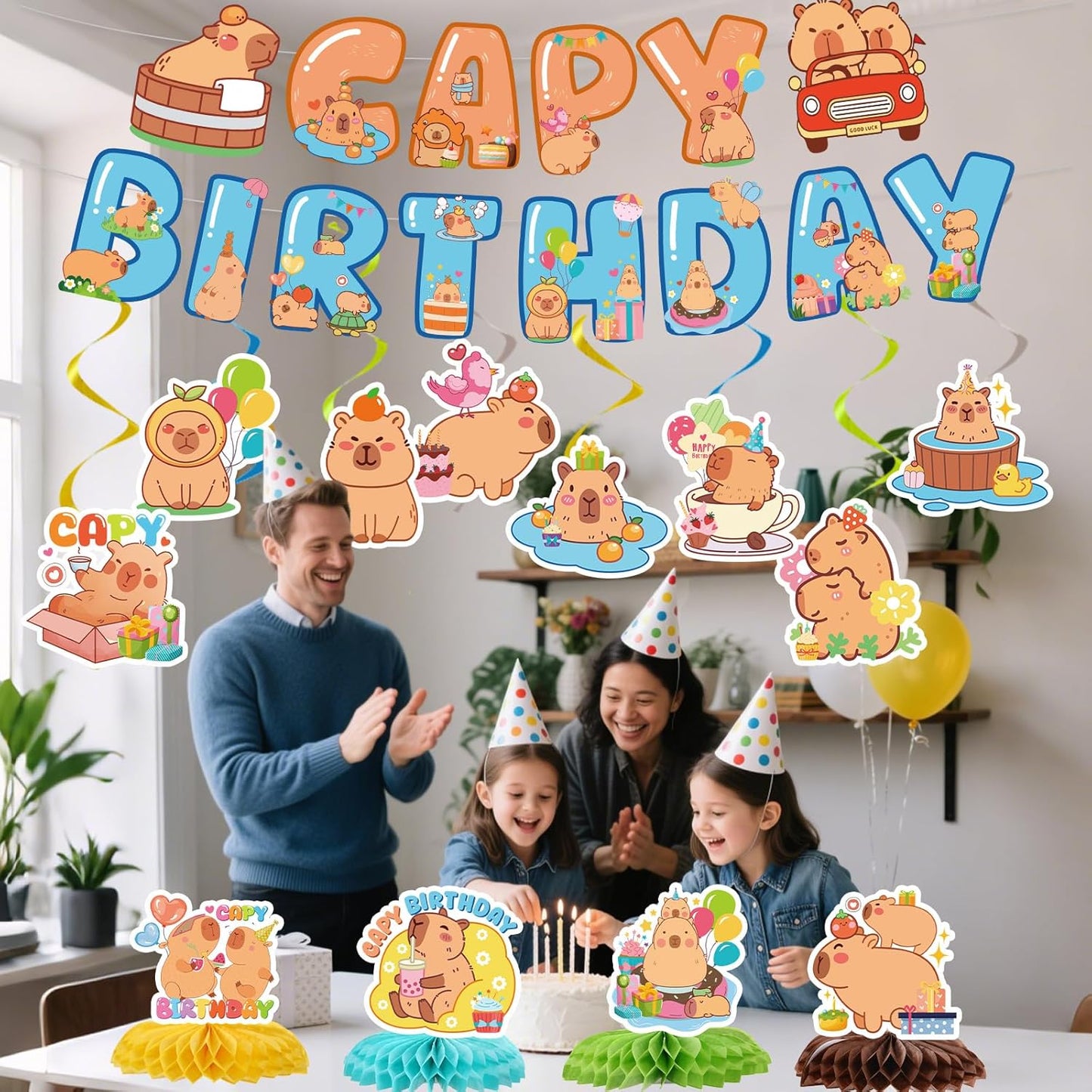 Capybara Birthday Party Decorations - 14PCS Capybara Banners with Hanging Swirls Bday Decoration Cute Capy Animals Honeycomb centerpieces Decor Supplies