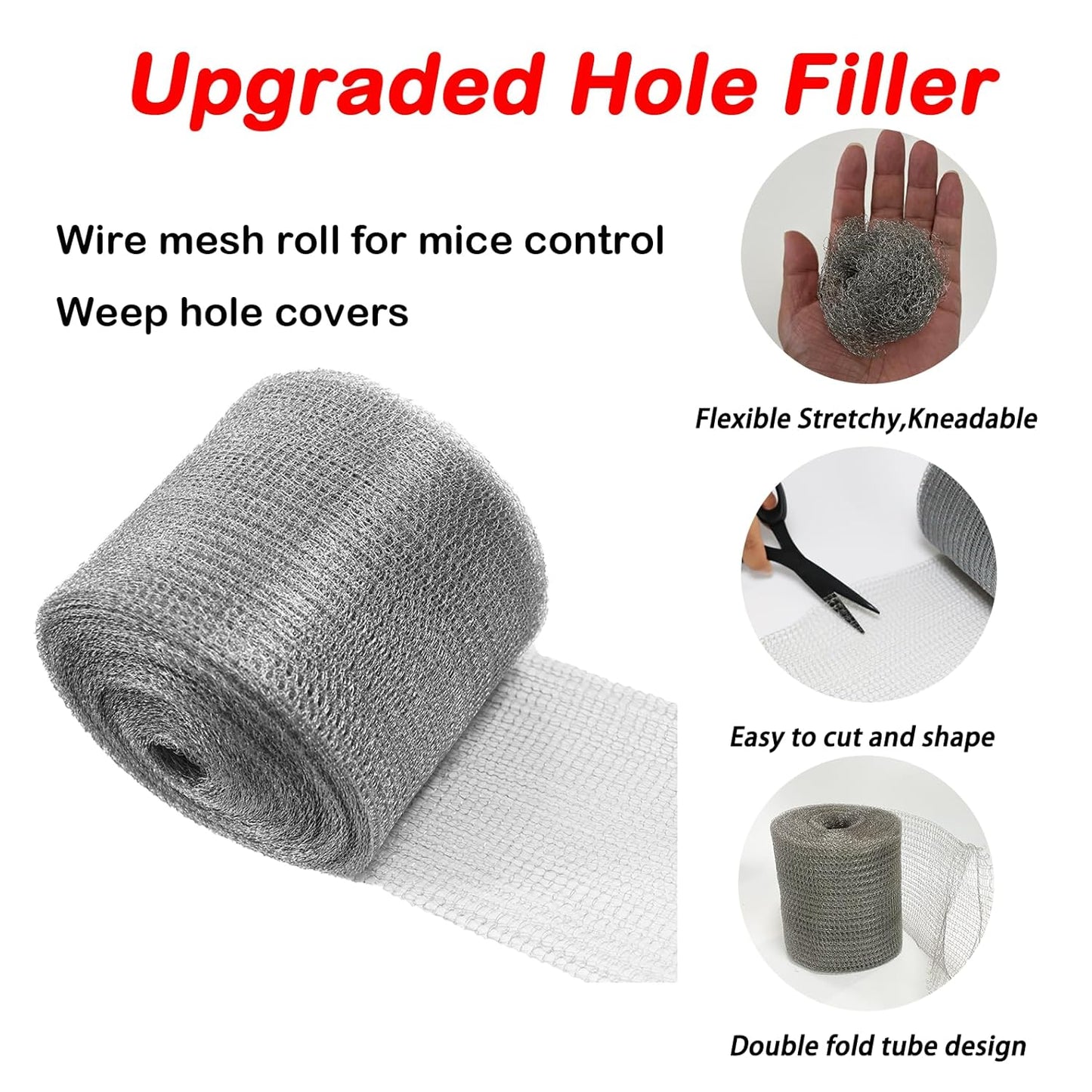 Wire Mesh Hole Fill Fabric 5 in X 103Ft, Weep Holes Filler and Covers, Upgraded Stainless Steel Wire Mesh Rool, Flexible Stretchy for Garden House and DIY, Mice Control Rodent Barrier Steel Wool