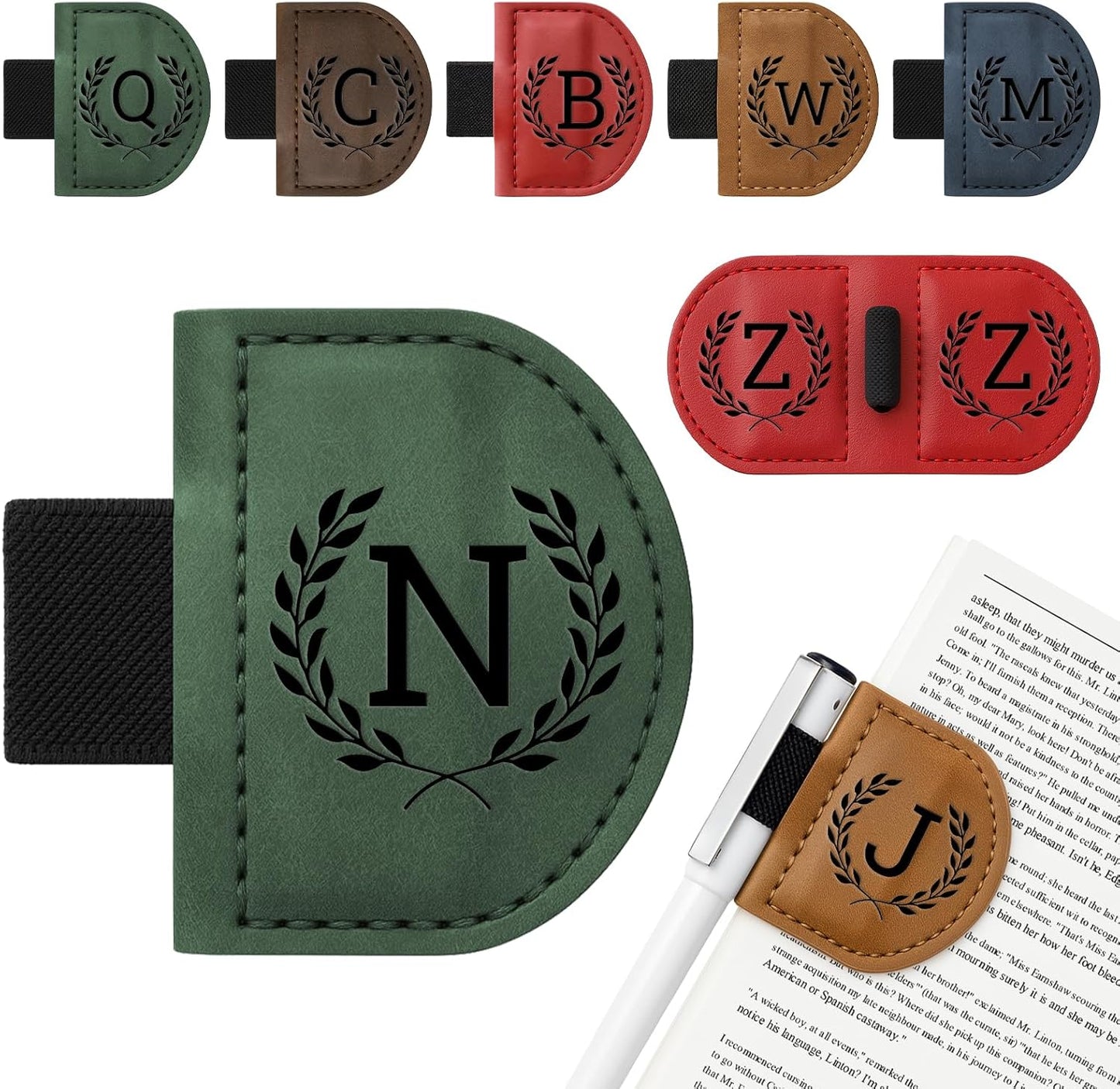 Personalized Bygone Mark Bookmark with Pen Holder,Engraving Leather Magnetic Bookmarks Vintage 26 Letters Name Initials Text Book Marker Clips Gifts for Reading Book Lovers Women (Green, N)