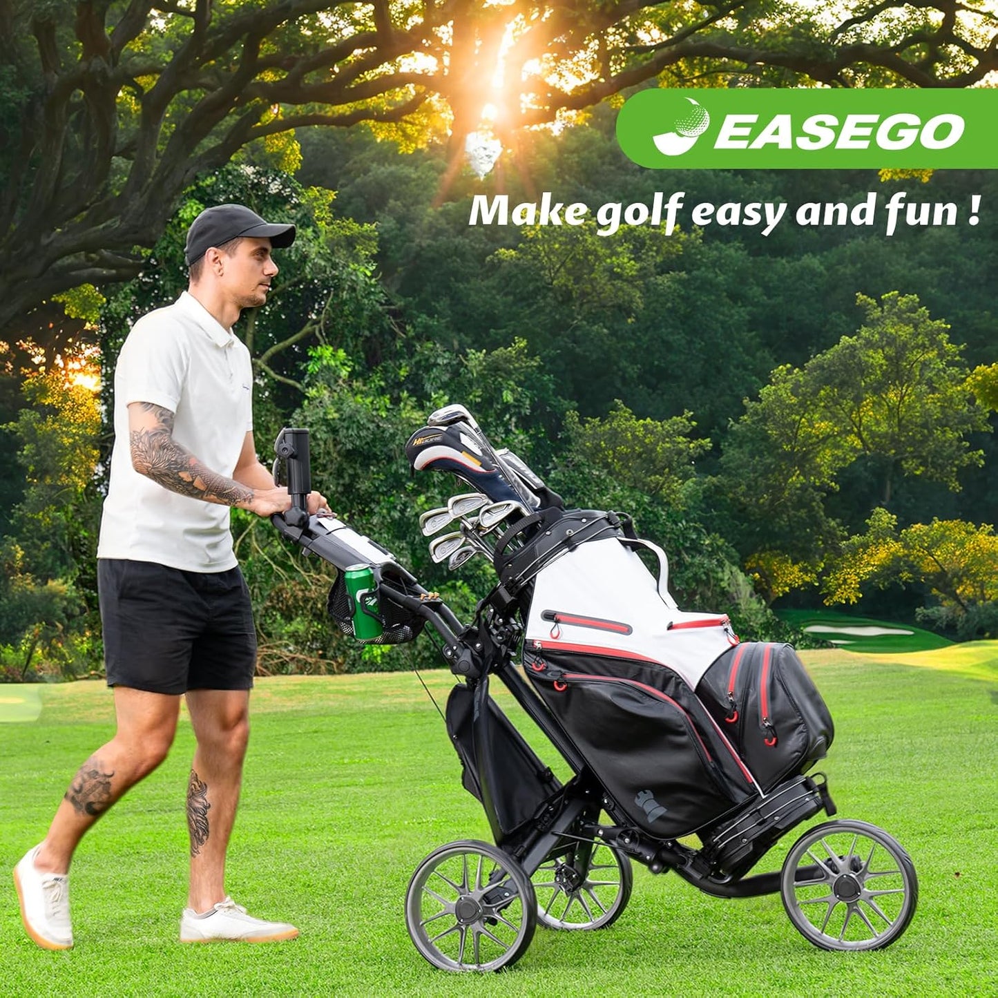 Golf Push Cart 3 Wheel : Golf Bag Cart Foldable with Phone Holder/Cup/Umbrella Holder Compact Golf Pull Carts Quick Fold Golf Caddy Push Carts with Large Wheelbase for Different Terrain