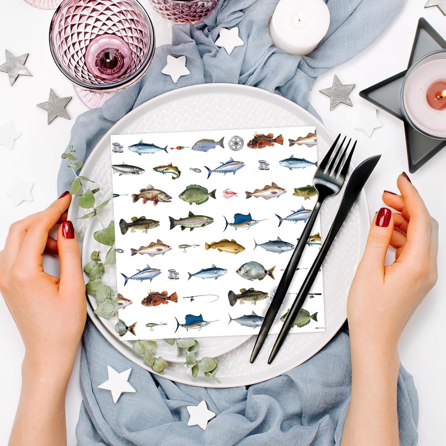 Gone Fishing Party Decorations, Disposable Paper Fish Napkins Supplies Pack of 50, Fishing Birthday Baby Shower Decor Size 6.5 Inch