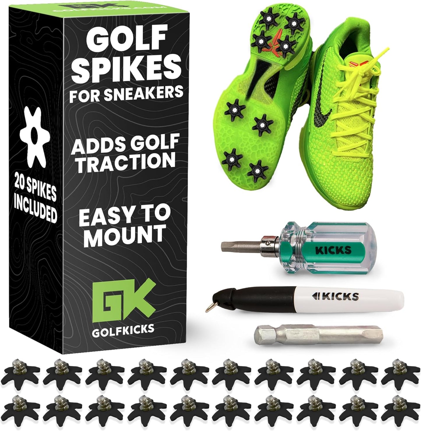 Golfkicks DIY Golf Cleats Kit Transform Sneakers into Golf Shoes Fun Gift Compatible with Flat Rubber Sole Shoes Includes 20 Golf Spikes and Mounting Tools