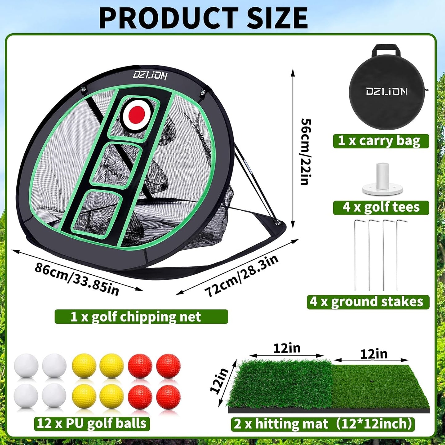 Golf Chipping Net and Mat Set - Pop Up Foldable Indoor Training Target with 2 Hitting Mats and 12 Practice Balls - Gifts for Men, Golfers, Teenage Boys