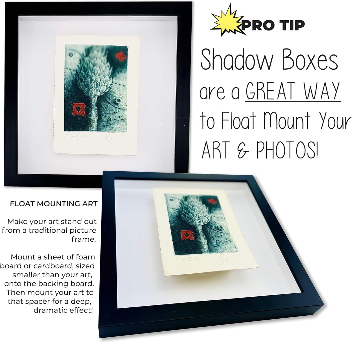 13x17 Shadow Box Black Solid Wood Display Frame with White Acid-Free Backing UV Acrylic & Hanging Hardware - with 3/4" Usable Depth