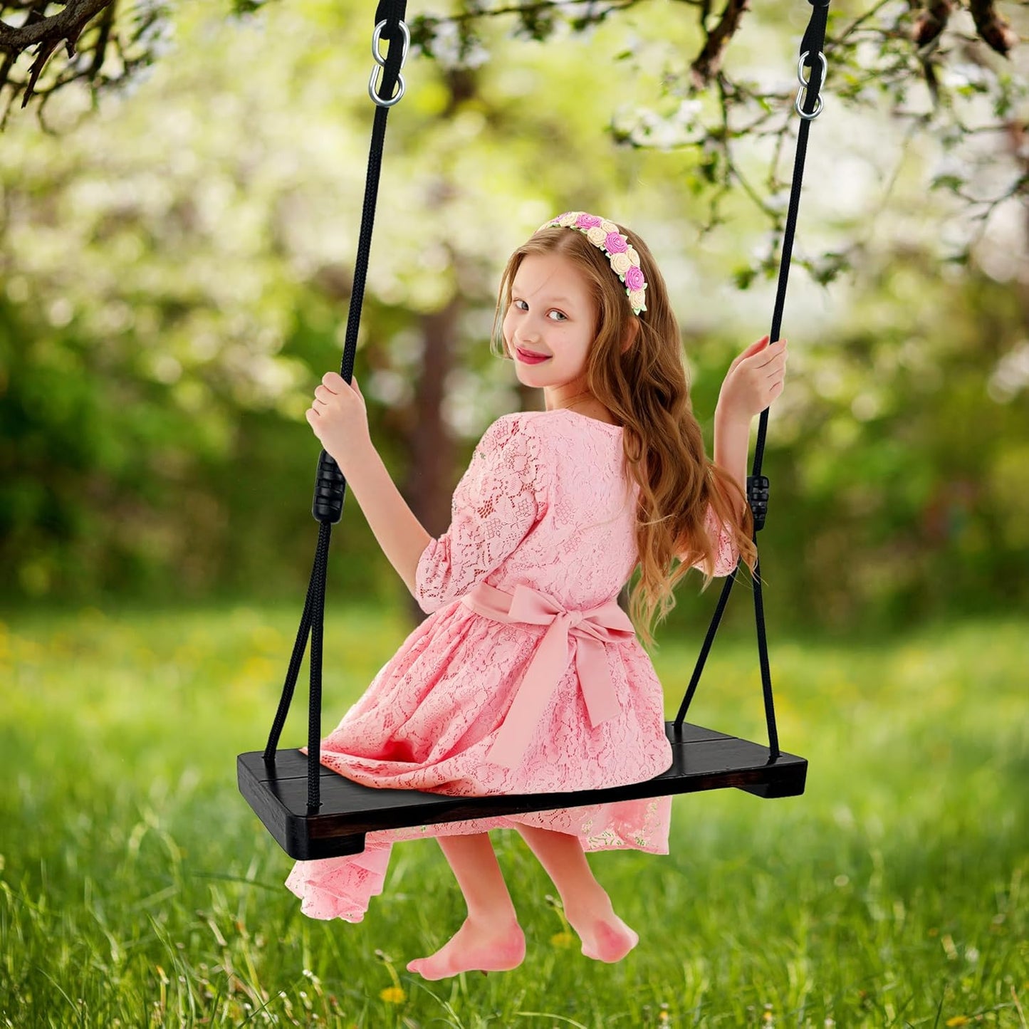 KINSPORY Wooden Swing Seat, Outdoor Swing Set Accessories for Backyard, Height Adjustable Rope with Hanging Tree Straps Kit for Porch Patio Garden Playgroud (Brown)