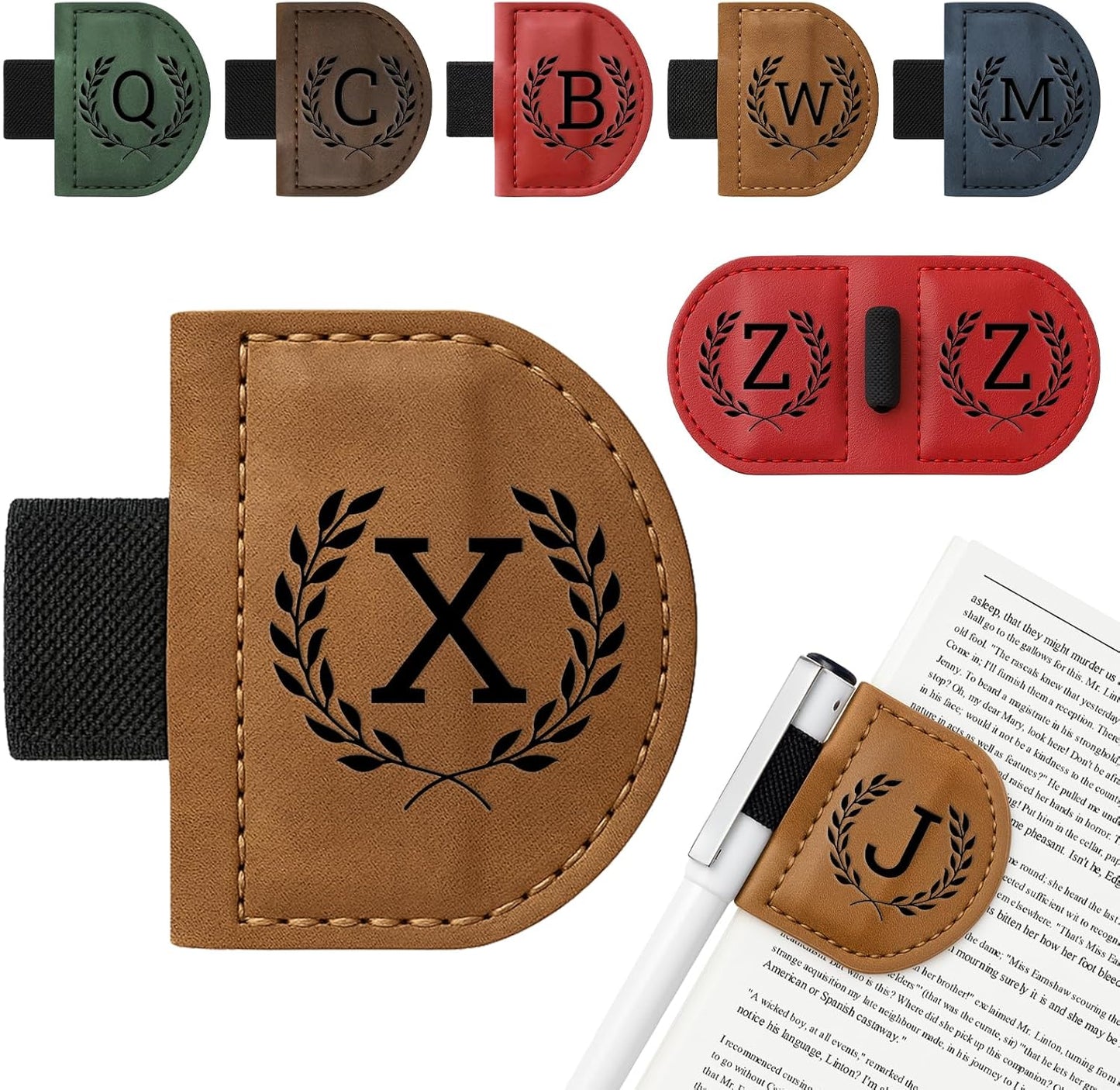 Personalized Bygone Mark Bookmark with Pen Holder,Engraving Leather Magnetic Bookmarks Vintage 26 Letters Name Initials Text Book Marker Clips Gifts for Reading Book Lovers Women (Brown, X)