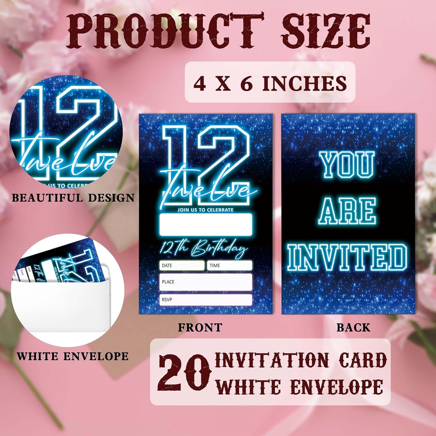 SIXEIGHT Blue 12th Birthday Party Invitations for Boys, Glow Neon Birthday Invitations, 20 Double Sided Invite Cards with Envelopes for Kids Girls, Party Decorations Supplies, 4"x6"-C12