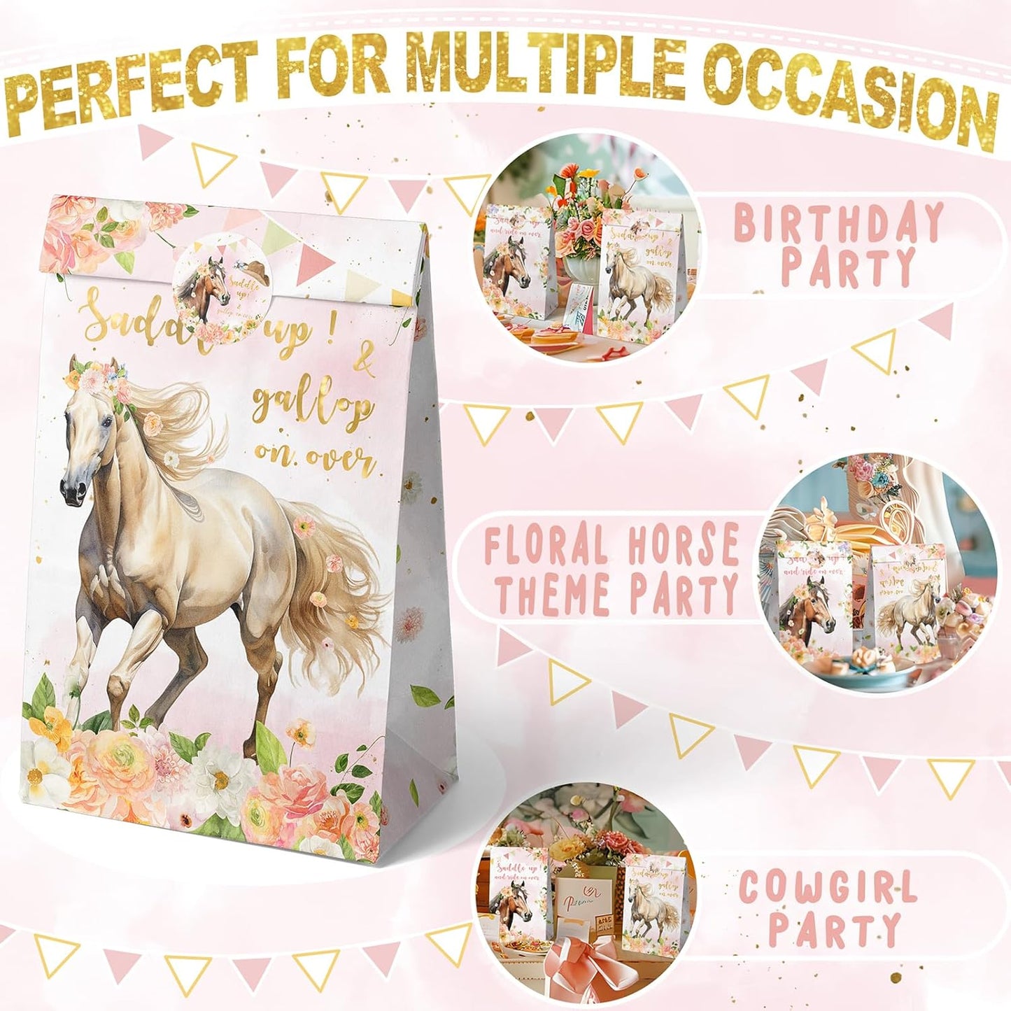 Outego 24 Girl Horse Party Favor Bags with Stickers - Girl Horse Goodie Bags for Kids - Perfect for Horse Themed Birthday Party and Celebration