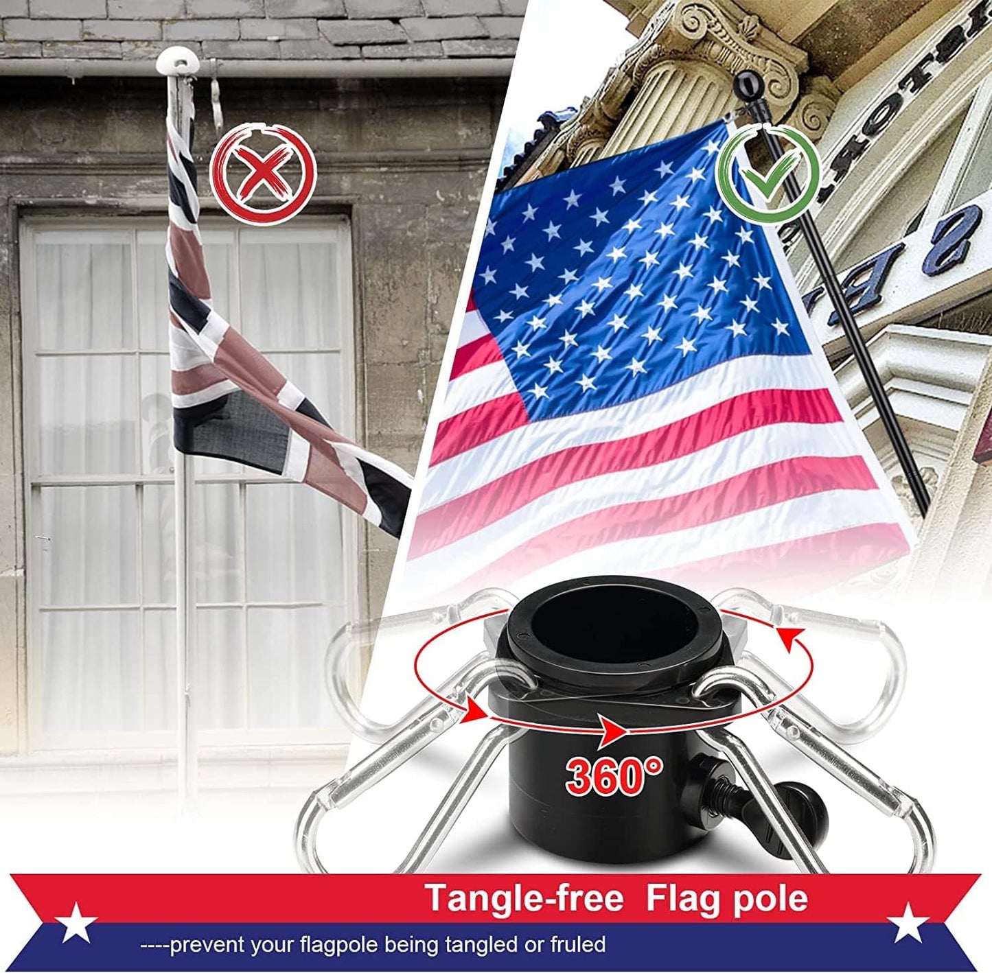 Flag Pole for Outside House - 5ft Heavy Duty Stainless Steel Flag Pole Kit, Tangle Free Spinning Flagpole Holder For Outdoor Porch Residential Decoration - Black
