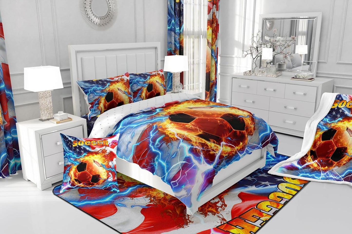 Feelyou 3D Soccer Ball Non Slip Bath Mat Ball Games Sports Polyester Bath Rug for Kids Boys Girls Retro USA Flag Soft Fleece Door Carpet American Flag Bathroom Floor Indoor Doormat,16x24 Inch