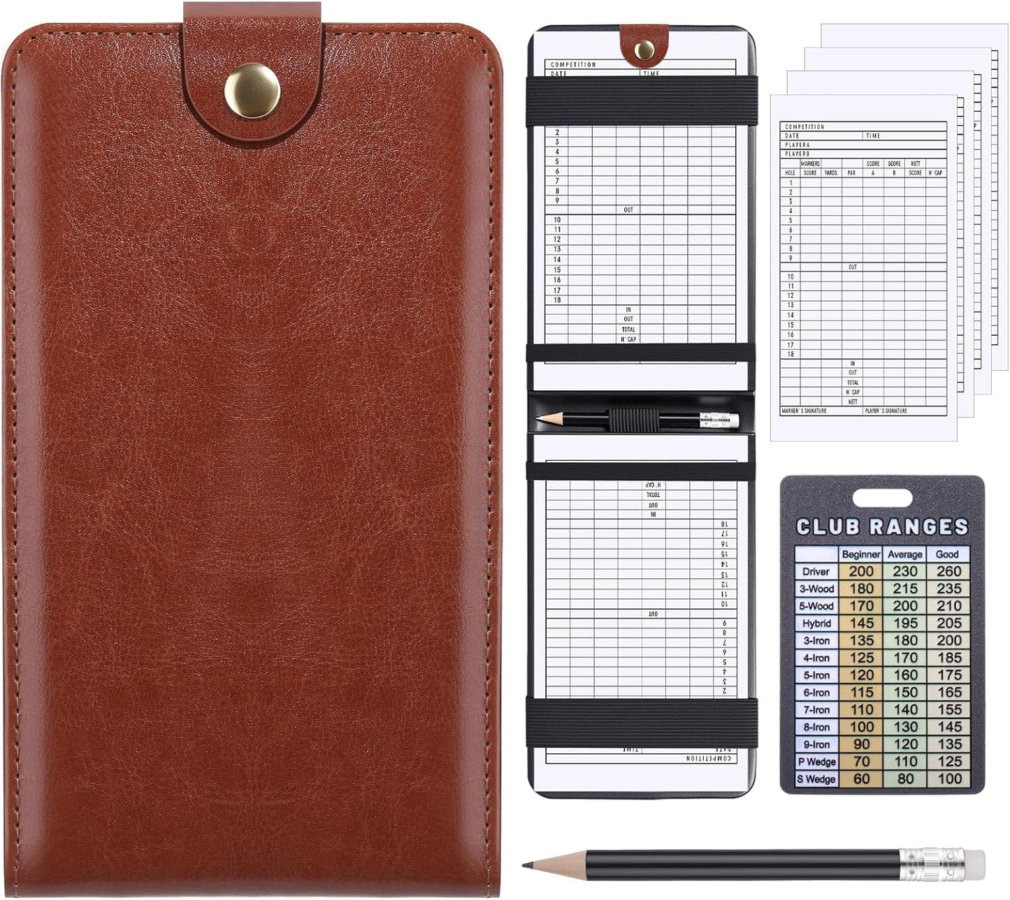 Yexiya 7 Pcs Magnetic Leather Golf Scorecard Holder with 4 Scorecard Books 1 Pencil 1 Golf Reference Distance Card Yardage Book Gift for Men Golfers Sports Outdoor Club Accessories