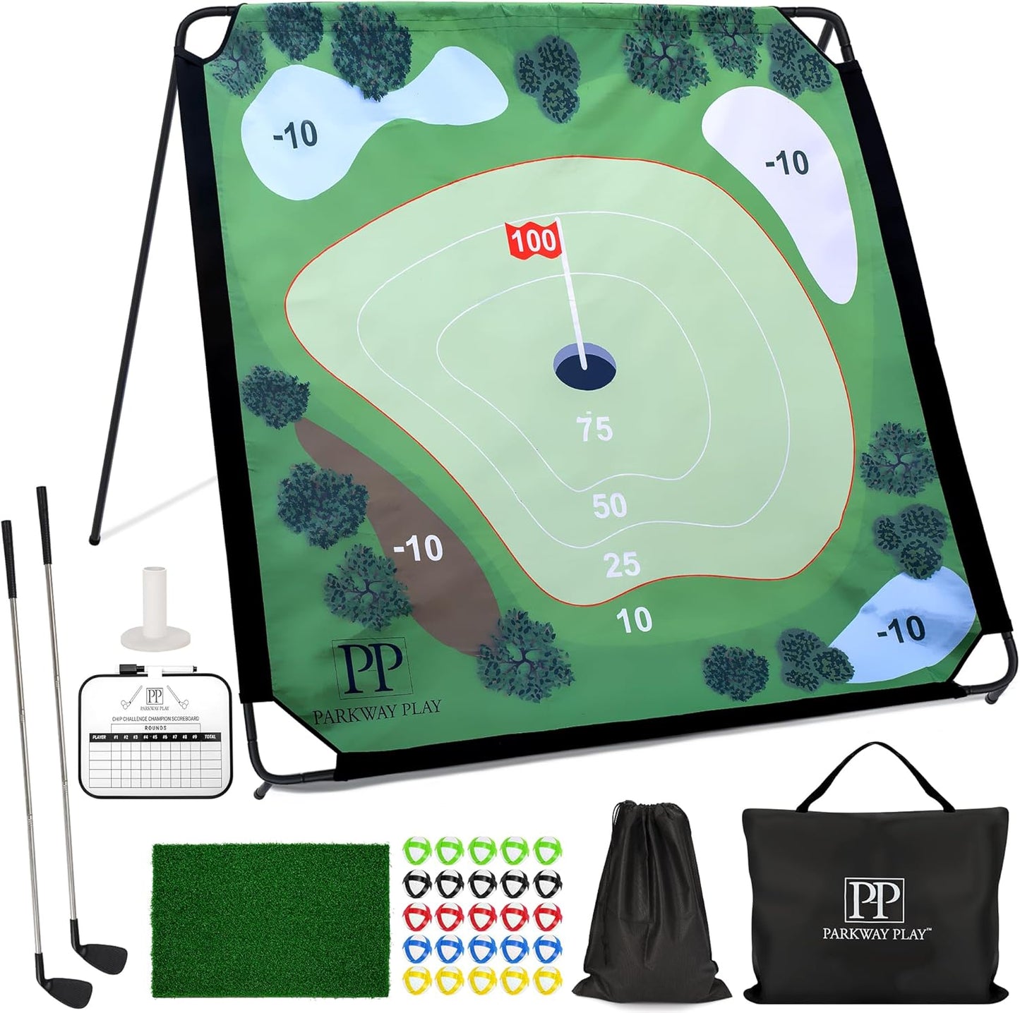 Sticky Golf Chipping Game Set - 6x6 ft Metal Frame with 2 Adjustable Clubs, 25 Sticky Balls, Turf Chipping Mat & Scoreboard - Backyard Golf Target Game for All Ages for Indoor/Outdoor Practice