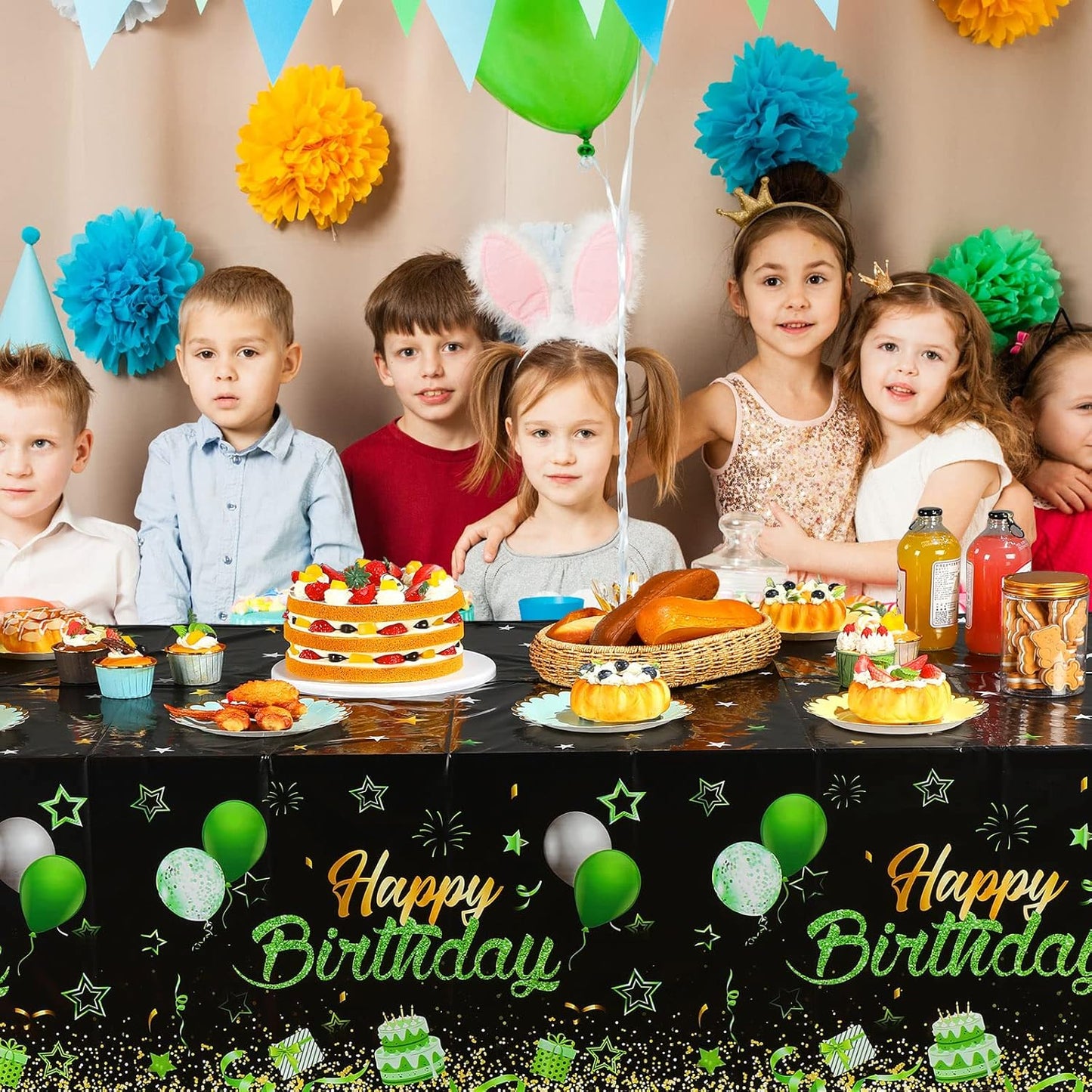 Breling 3 Pack Birthday Party Supplies Confetti Sprinkles Happy Birthday Tablecloths Starry Table Covers for Kids Adults Party Decorations, 54 x 108 Inches (Green and Black)